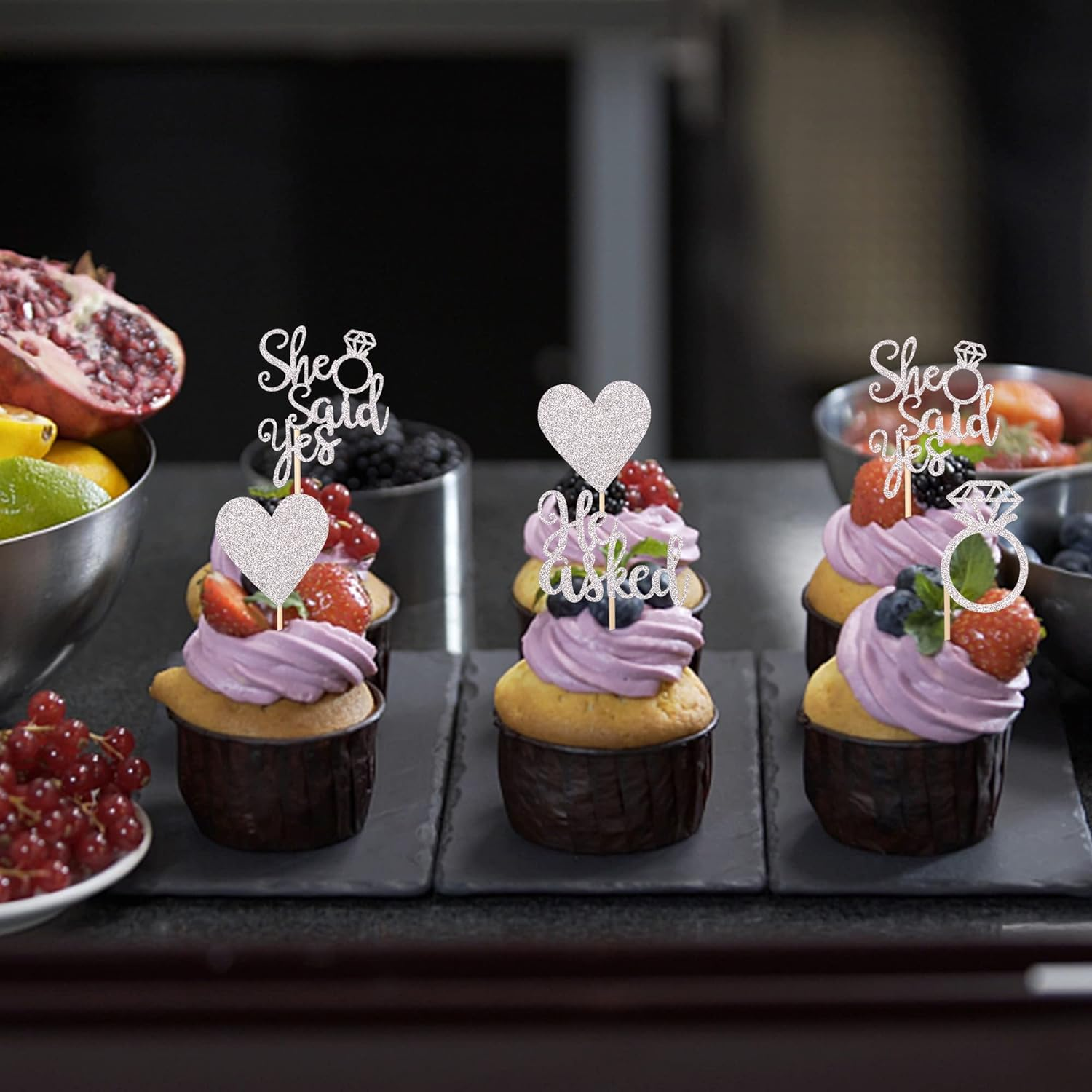 24 Pack He Asked She Said Yes Cupcake Toppers with Glitter Heart Ring Bachelorette Cake Picks Decorations for Wedding Engagement Bridal Shower Party Supplies Silver image number 5