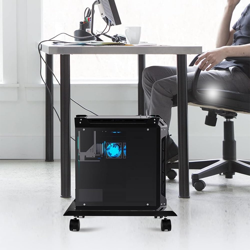 Computer Tower Heavy-Duty CPU Stand Cart with Four Wheels Rolling Monitor Support Mobile PC Holder Desk Accessories (White) image number 3