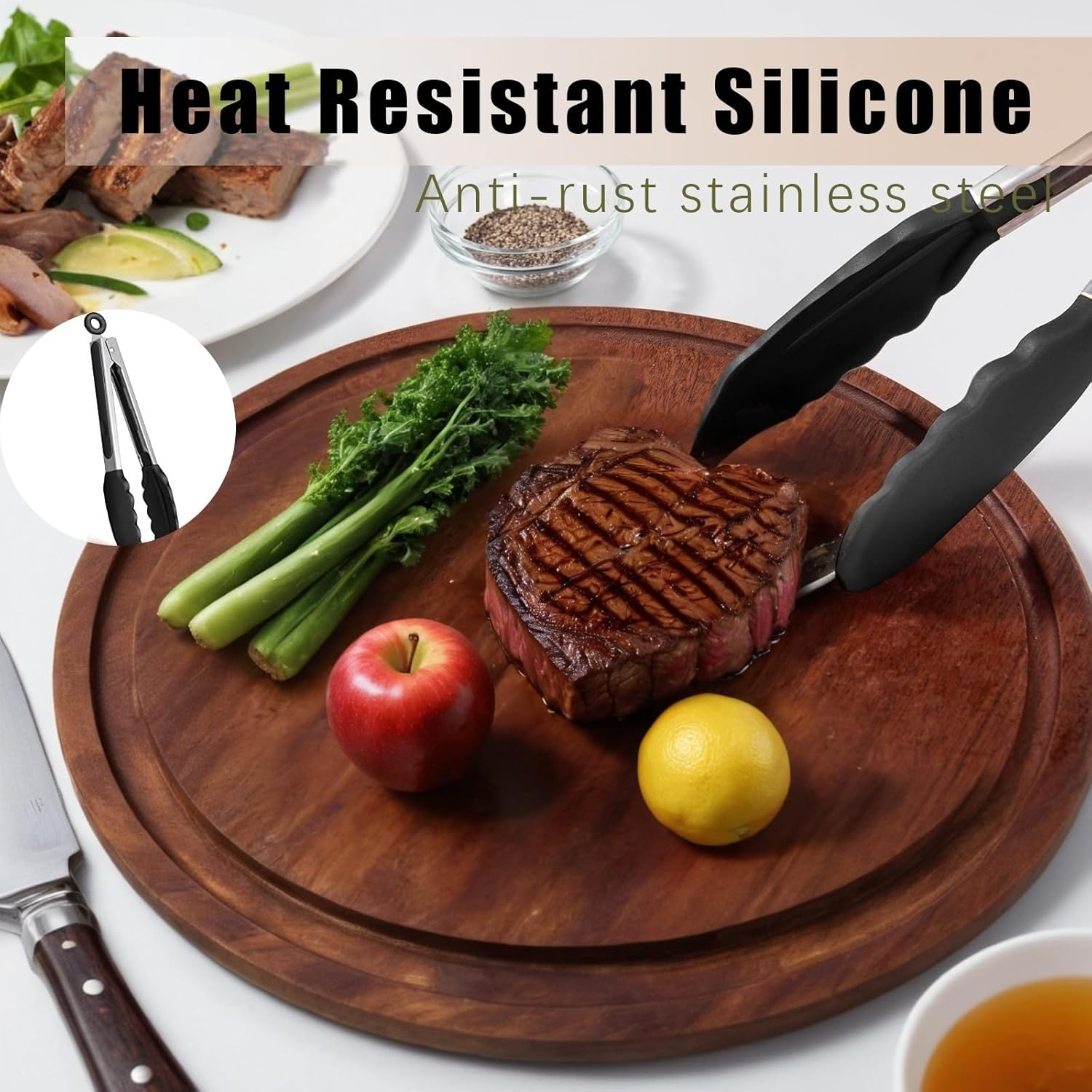 3-Piece Set Kitchen Tongs - Stainless Steel with Heat-Resistant Silicone Tips for Cooking, Grilling, Turning - Includes 7", 9", and 12" Sizes - Black Silicone Handles - Bpa-Free image number 5