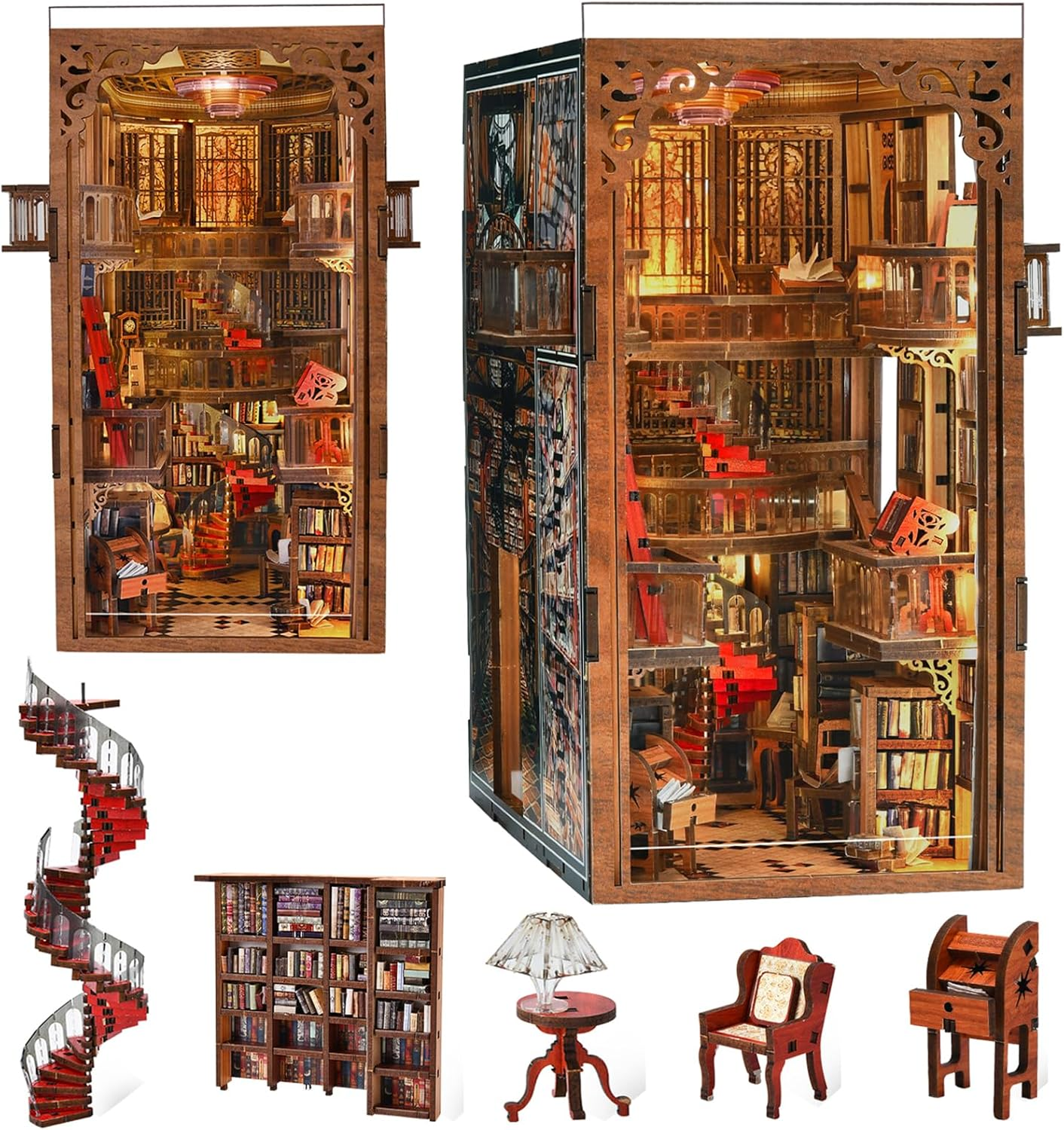 Book Nook Kit, DIY Miniature Dollhouse Booknook Kit, 3D Wooden Puzzle Bookend Bookshelf Insert Decor with LED Light for Teens and Adults (Library of Gods)