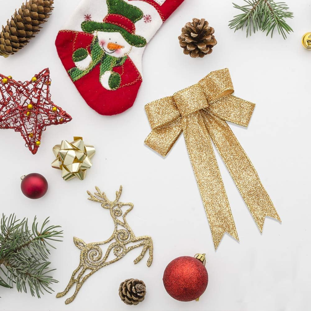 Christmas Ribbon Bows 12Pcs Golden Bowknot Glitter Xmas Tree Bows Hanging Ornaments for Craft DIY Christmas Wreaths Wedding Holiday Party Wall Table House Decoration Presents Gift Wrapping Supplies image number 3