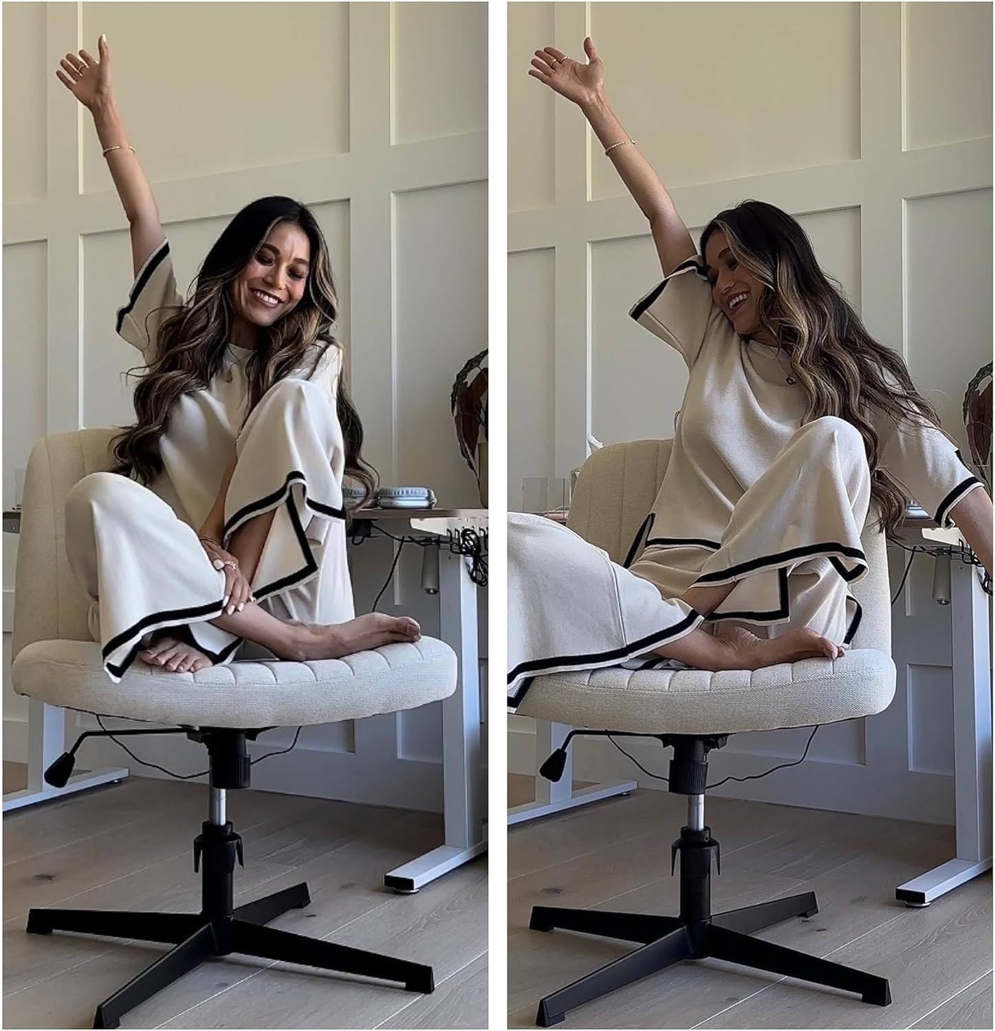 Women 2 Piece Sweater Set Short Sleeve Knit Pullover Tops High Waist Wide Leg Pants image number 2