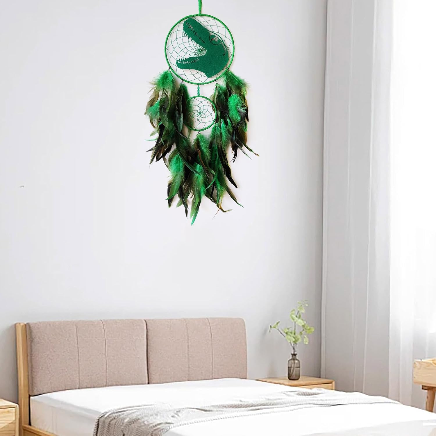 Donko Green Large Dream Catcher Wall Decor Dinosaur Dream Catchers Handmade Feather Dreamcatcher Wall Hanging Ornament for Bedroom Living Room Home Decor image number 2