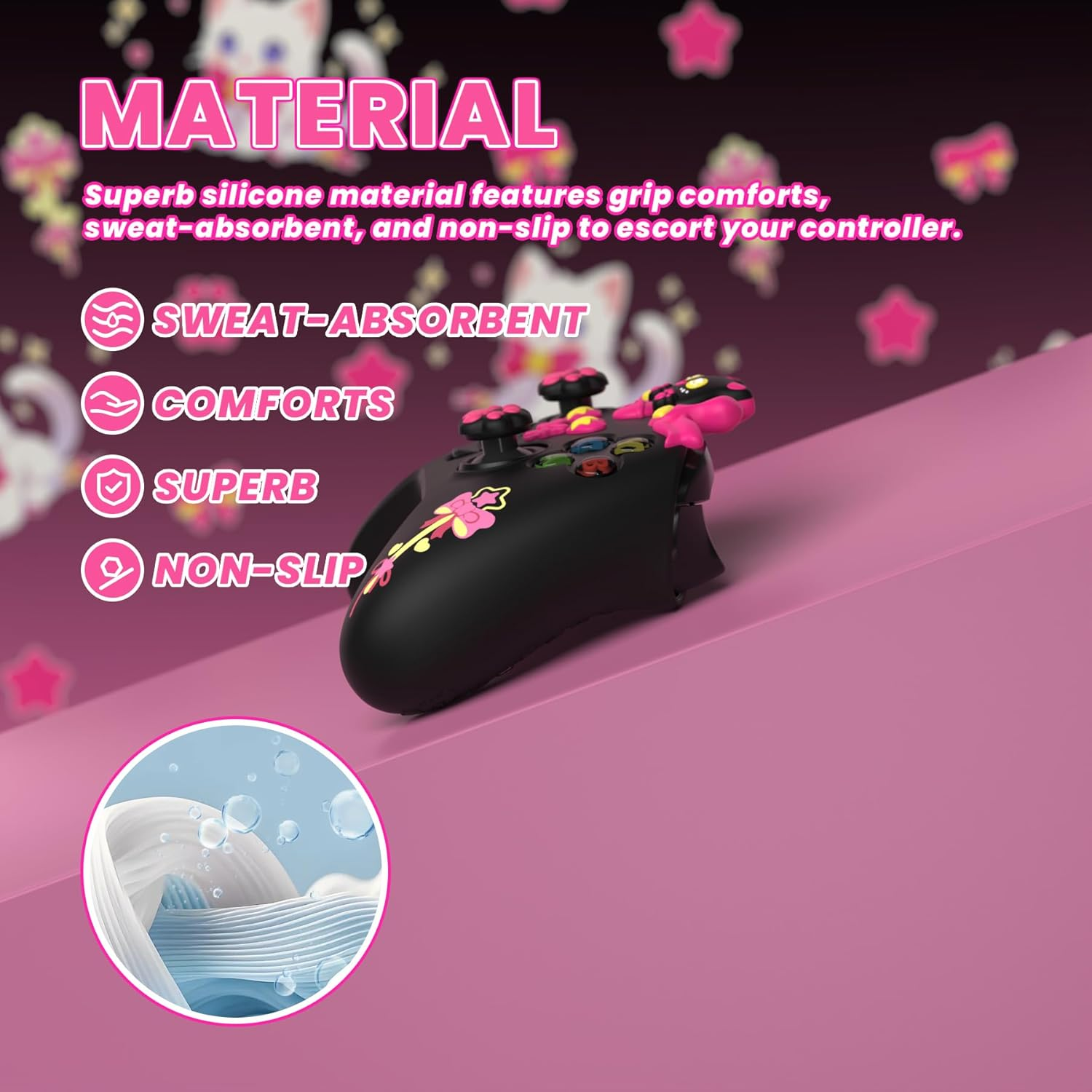 Playvital Sweetheart Kitty Silicone Cover Compatible with Xbox Series X/S Controller with Thumb Grips and Stickers, Soft Rubber Protector with Anti-Slip Grip for Xbox Core Controller - Black image number 2