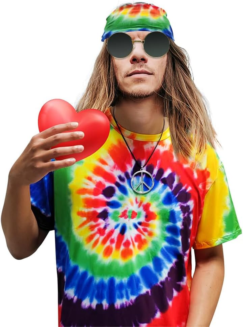 AUTOWT 4Pcs Hippie Costume for Men Women, 60S 70S Costume Accessories, Tie Dye Colorful T-Shirt Peace Sign Necklace Headband Sunglasses for Disco Outfit Cosplay Halloween Carnival Theme Party image number 2