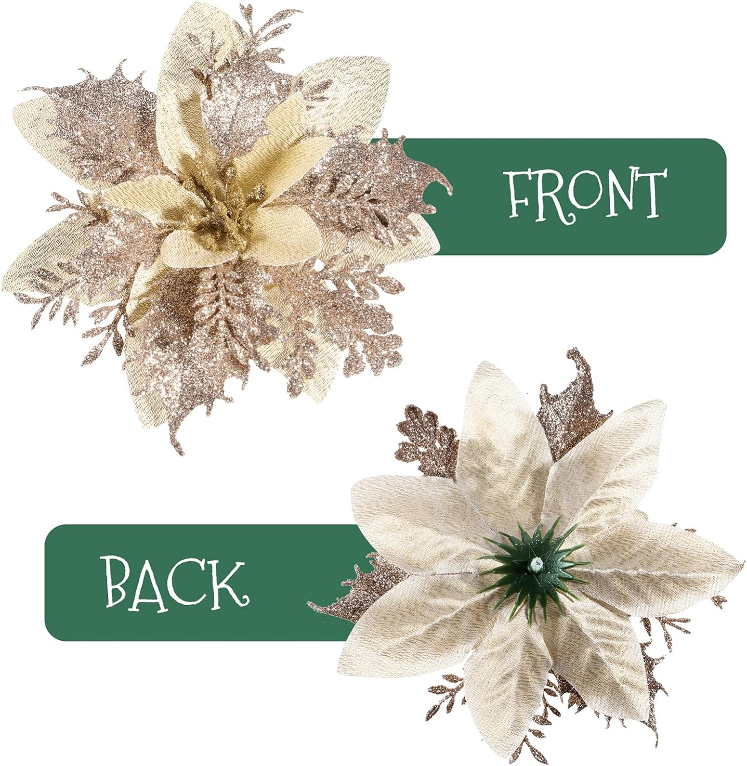 Kisangel 12Pcs Christmas Tree Picks, Artificial Poinsettia Glitter Flowers with Stems and Clips, Xmas Tree Flowers for Wedding Party Ornaments, Gold - Champagne Gold image number 5