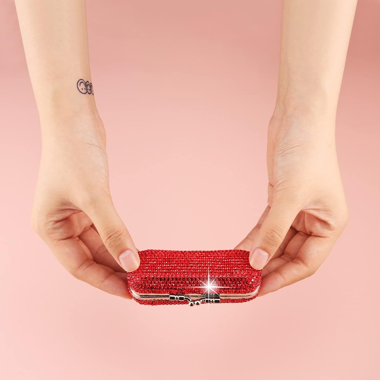 Asalways Shiny Rhinestone Crystal Portable Lipstick Case with Mirror Portable Bling Diamonds Makeup Cosmetic Storage Holder for Travel Ladies Fashion, Red