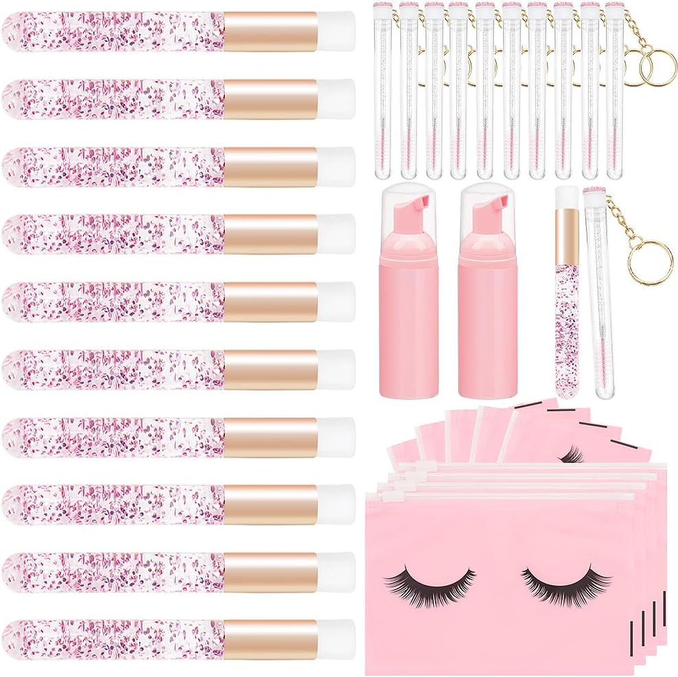 Lash Shampoo Brush Set - 10Pcs Crystal Cleansing Brush, 10Pcs Disposable Tube Mascara Wands, 3Pcs Empty Shampoo Bottles for Extensions Aftercare