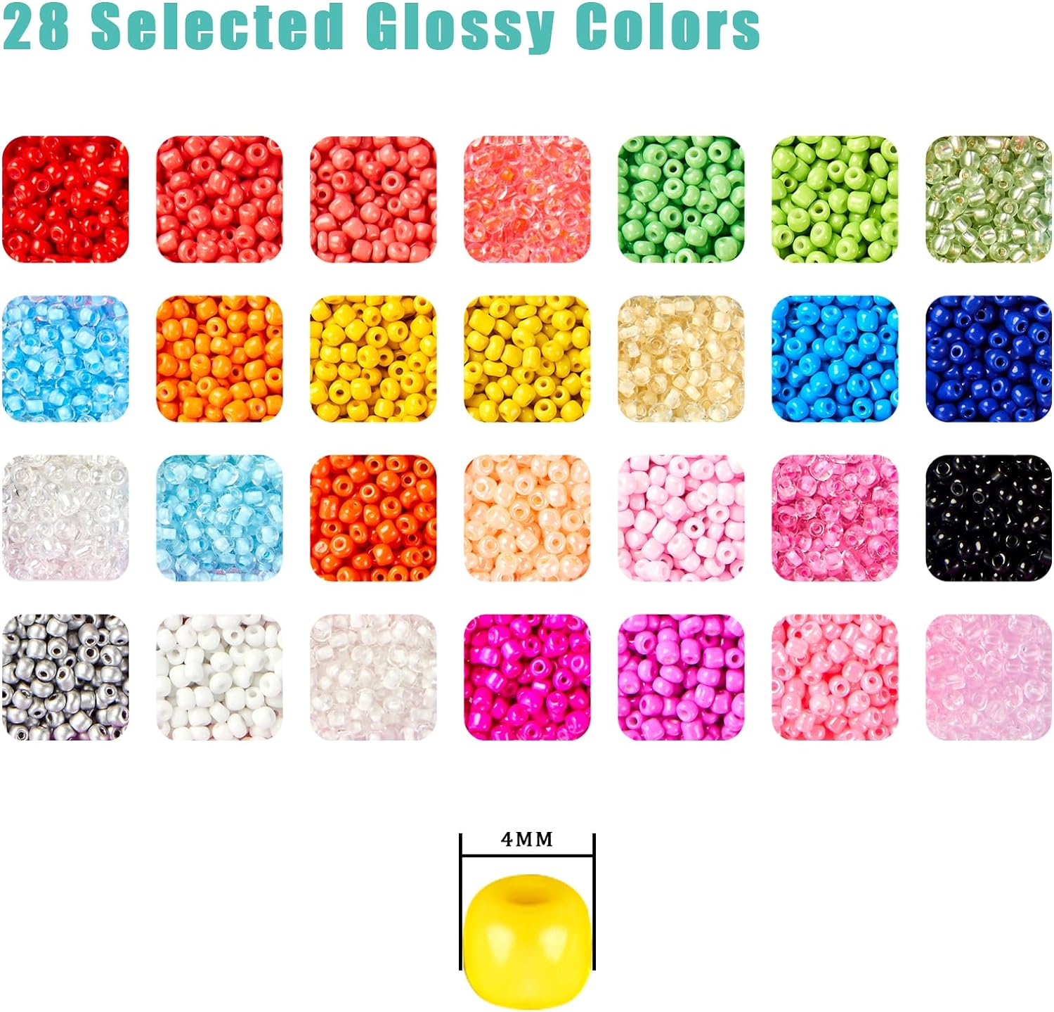 LEUCHTAMOR 4Mm Glass Seed Beads, 6600Pcs 28 Colors Seed Beads for Bracelets, 1000Pcs Letter Beads for Making Name Friendship Bracelets Jewelry Crafts in Plastic Box with Elastic Cord for Adult