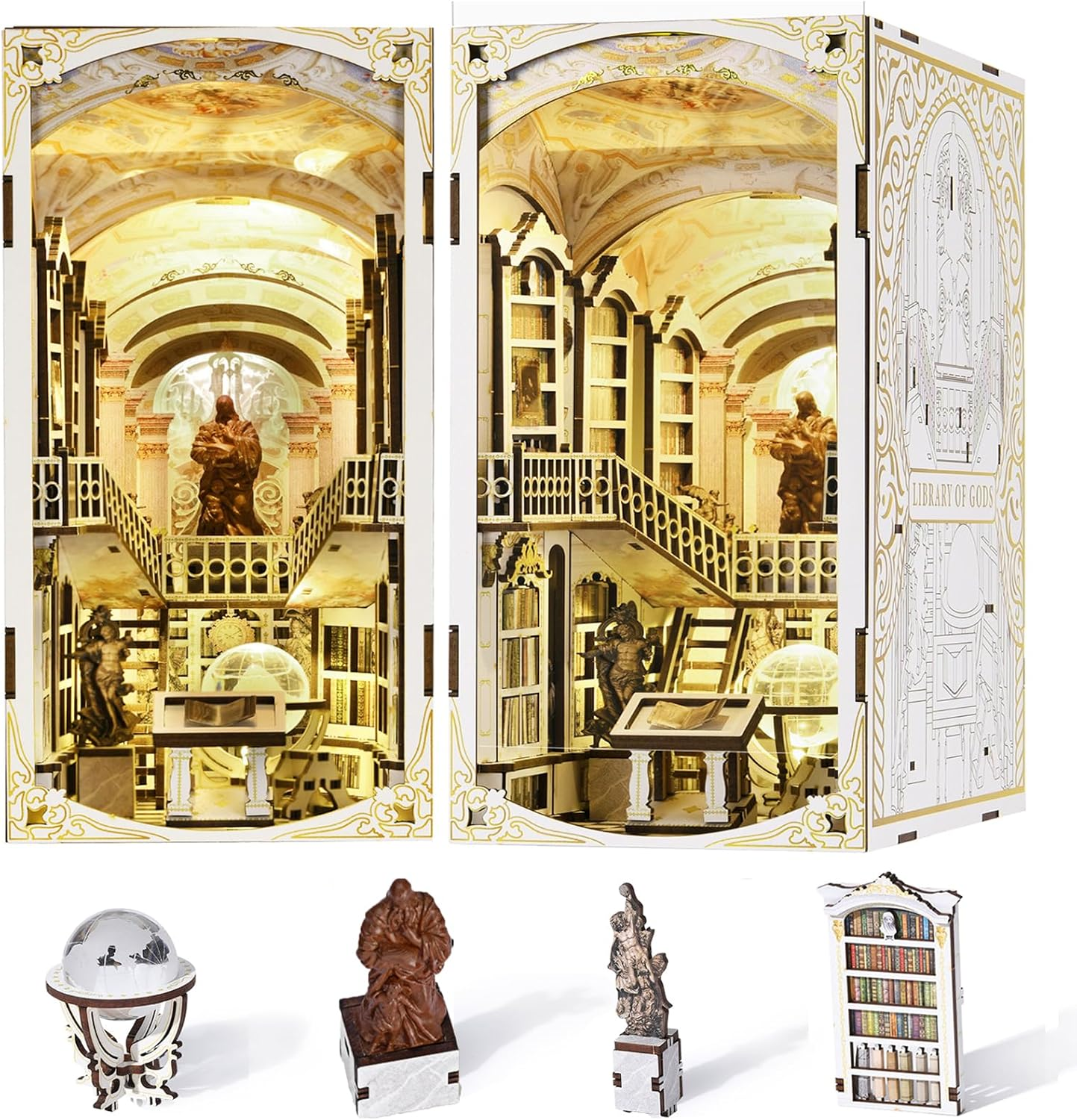 Book Nook Kit, DIY Miniature Dollhouse Booknook Kit, 3D Wooden Puzzle Bookend Bookshelf Insert Decor with LED Light for Teens and Adults (Library of Gods)