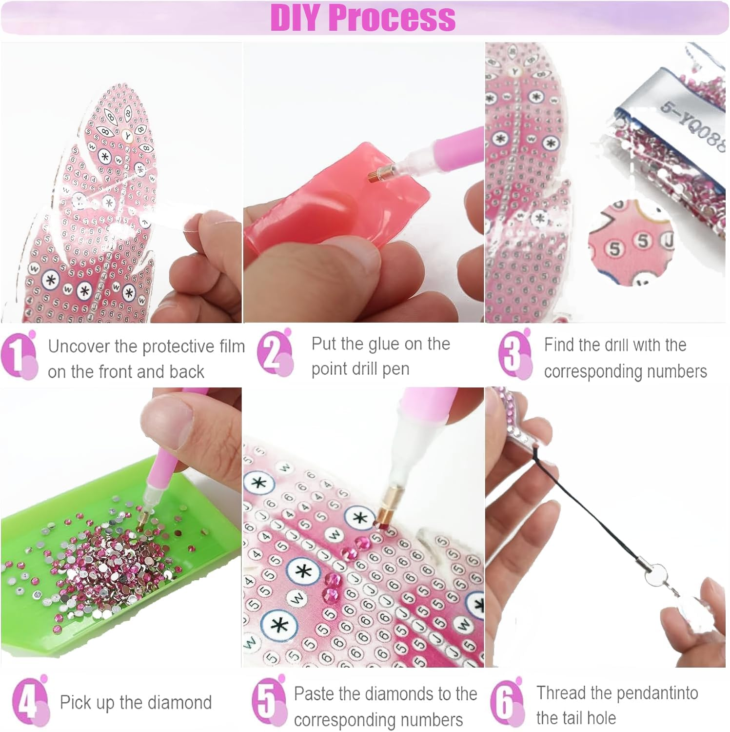 MATHARAGO 6 Pcs Diamond Painting Kits for Kids, Feather Bookmark Diamond Art Kits, DIY Crystal Diamond Art for Kids, Enfants, Girls and Women, Diamond Painting Bookmarks with Crystal Pendant (YQ087) image number 5