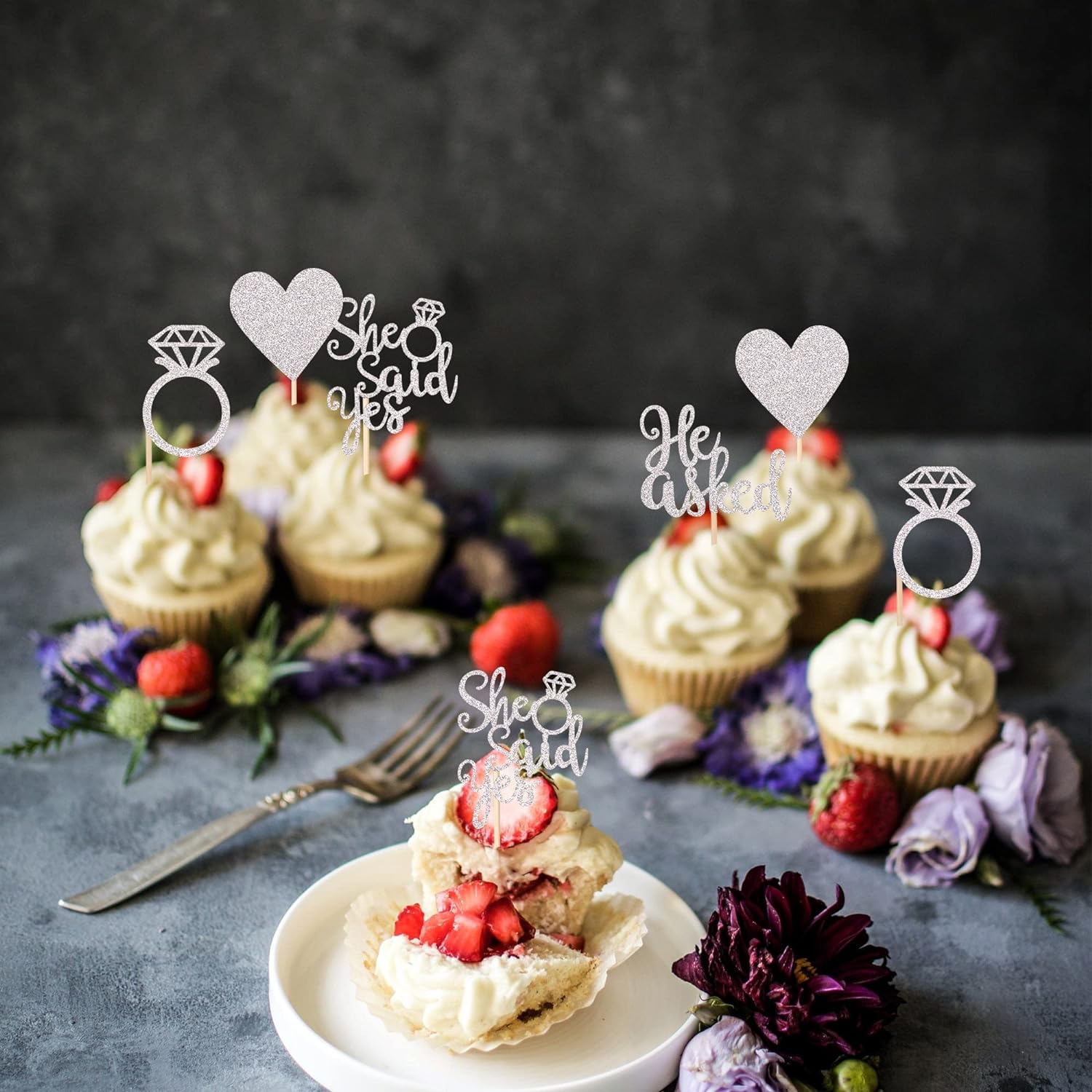 24 Pack He Asked She Said Yes Cupcake Toppers with Glitter Heart Ring Bachelorette Cake Picks Decorations for Wedding Engagement Bridal Shower Party Supplies Silver image number 6