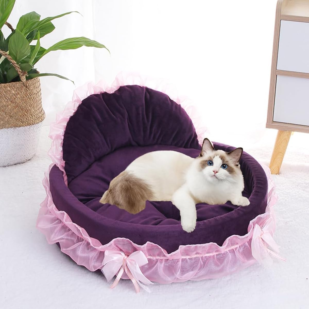 AIMALL Soft Princess Pet Bed with Lace Design and Removable Cushion for Cats and Small Dogs Anti-Slip Bottom 18.9 Inches Diameter image number 1