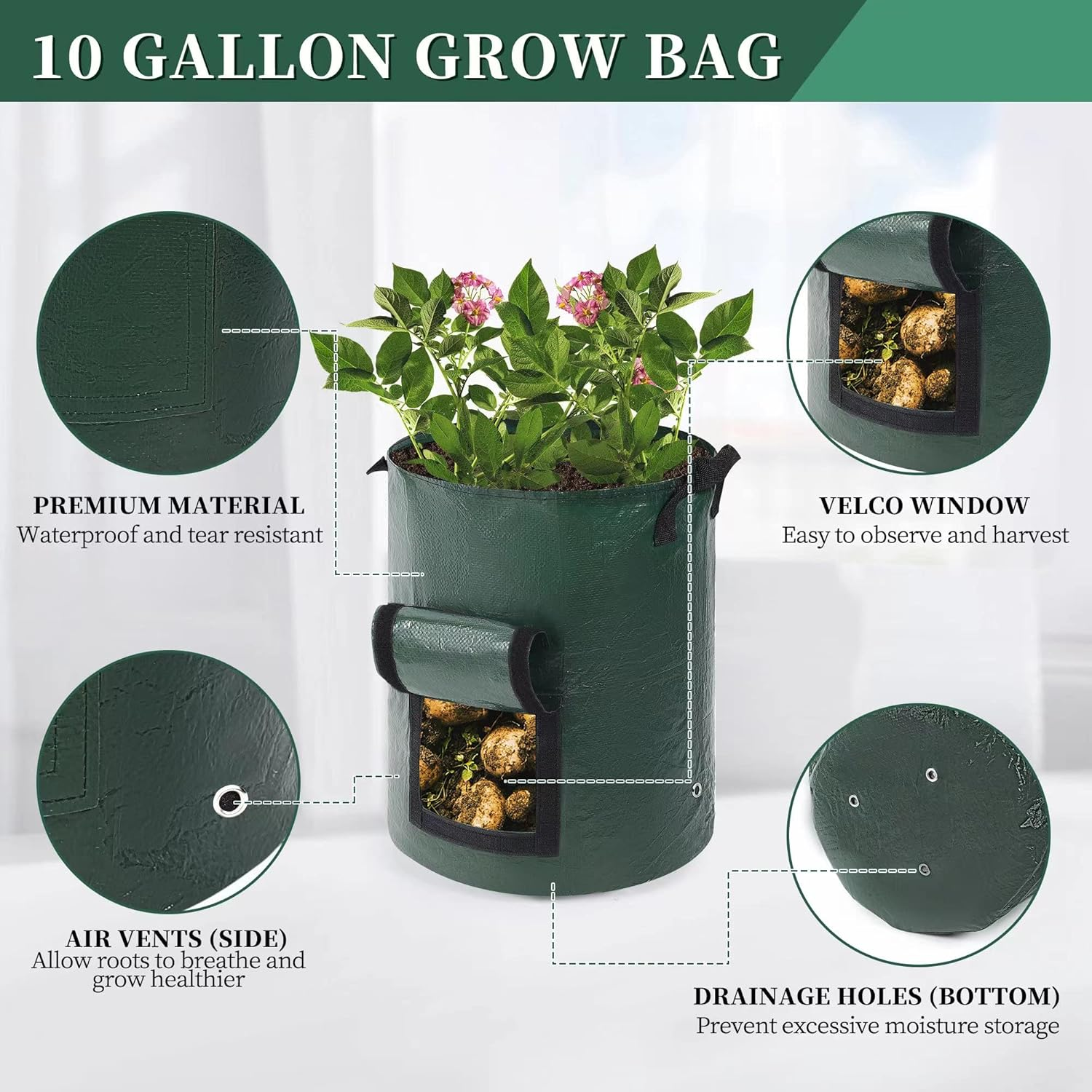 4 Pack 10 Gallon Potato Grow Bags Garden Planting Bags Potato Planter with Handles and Flap Aeration Heavy Duty for Growing Potatoes image number 4
