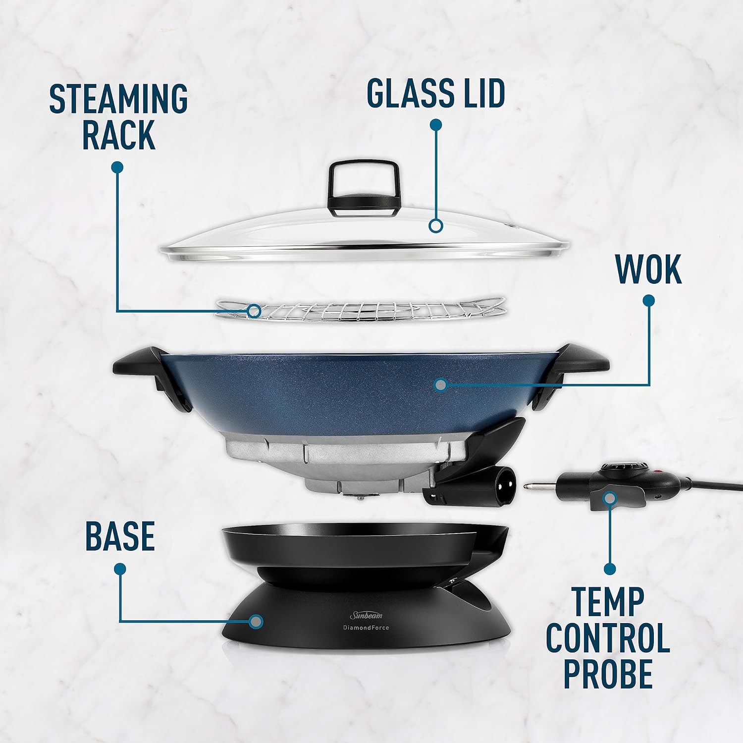 Sunbeam Diamondforce Electric Wok | Non-Stick Diamond-Infused Electric Pan Coating, Easy Wipe Clean-Up, 7.5L Large Capacity, Energy Efficient Cooking 2400W, Dark Blue WWM7100DF image number 3
