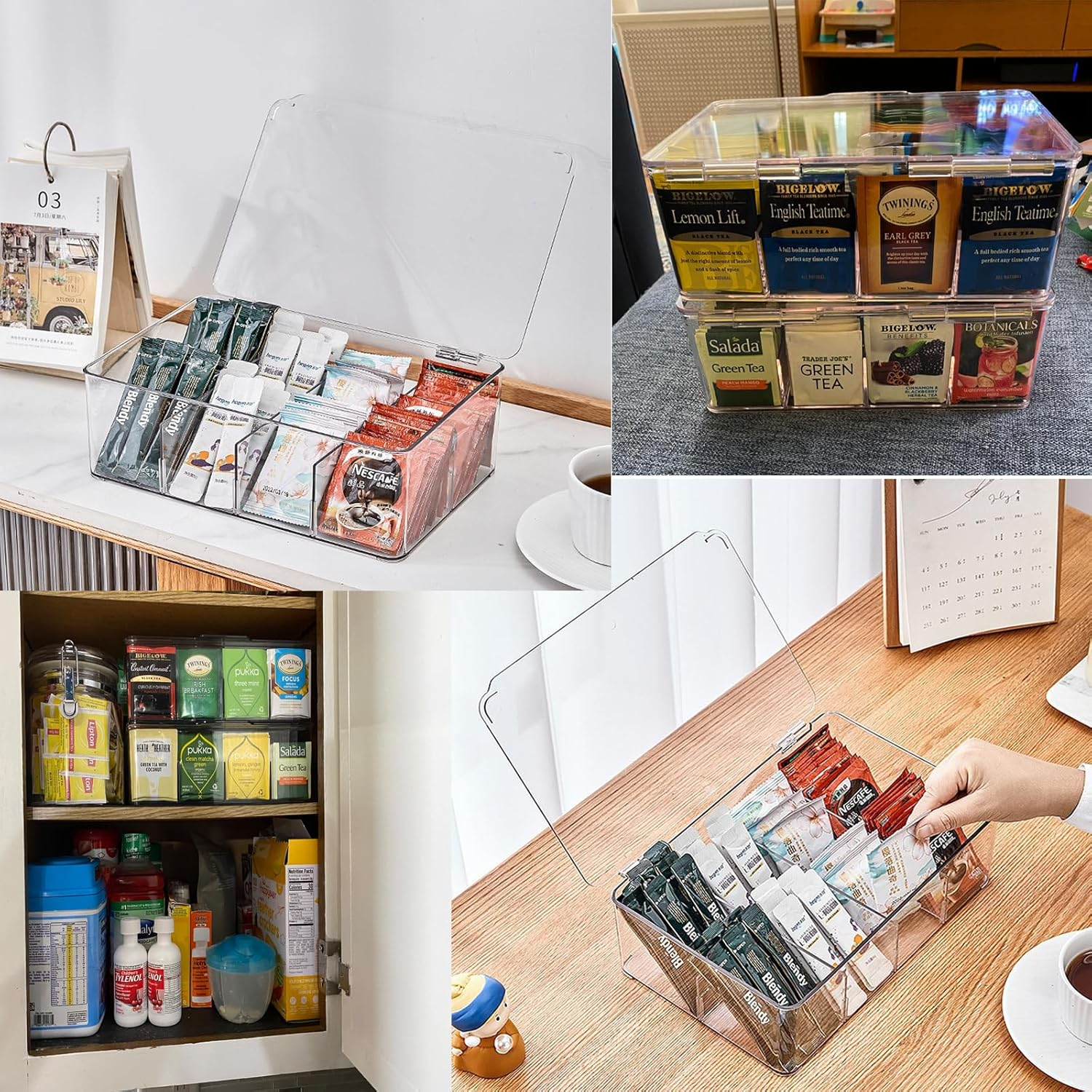 2 Pack Tea Coffee Bag Storage Box with Lid and 4 Removable Dividers,Clear Plastic Food Bag Snack Organizer,Stackable Kitchen/Refrigerator Dessert,Flavor Organizer image number 6