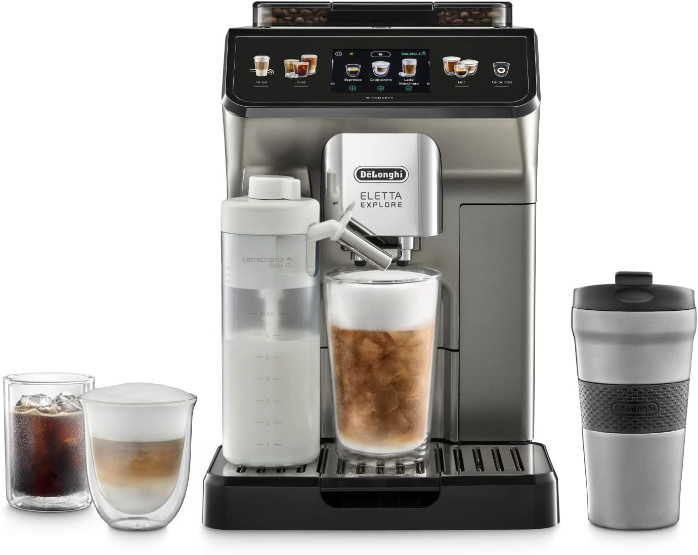 De'Longhi Eletta Explore ECAM450.86.T, Automatic Coffee Machine, Hot & Cold Automatic Milk Frothing, Cold Brew, Iced Coffee, over 50 Recipes, Integrated Grinder, Travel Mug, Wi-Fi, Titanium
