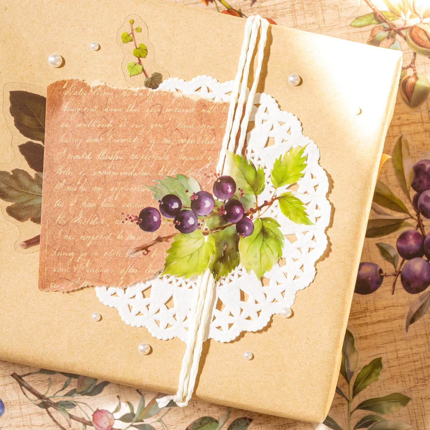 Mayplous Fruit Scrapbook Sticker Decal Set, Plastic PET, DIY Journaling, Lemon, Pineapple, Grape, Orange, 60 Pieces, Sticky Pearl, Circle Doily Paper, Beige Paper String - Mandy image number 5