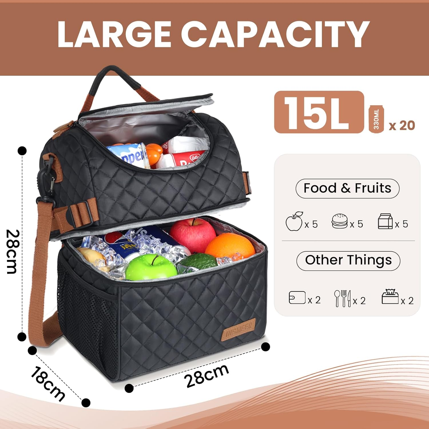INSMEER 15L Lunch Bag for Women, Insulated Lunch Bag and Cooler with Leakproof & Dry Wet Separation, Dual-Layer Lunch Box for Work & Office, Travel, Camping, Hiking image number 3