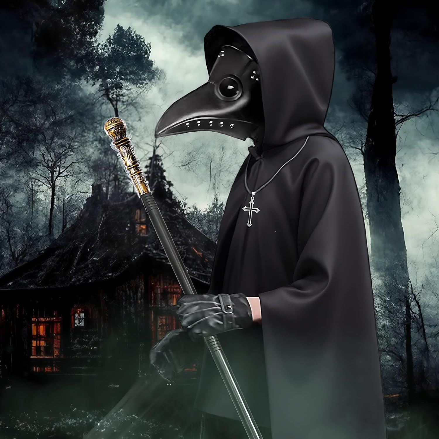 Plague Doctor Costume, Black Plague Doctor Costume Set with Mask Cloak Hat Scepter Necklace Gloves, Halloween Costume Cosplay image number 2