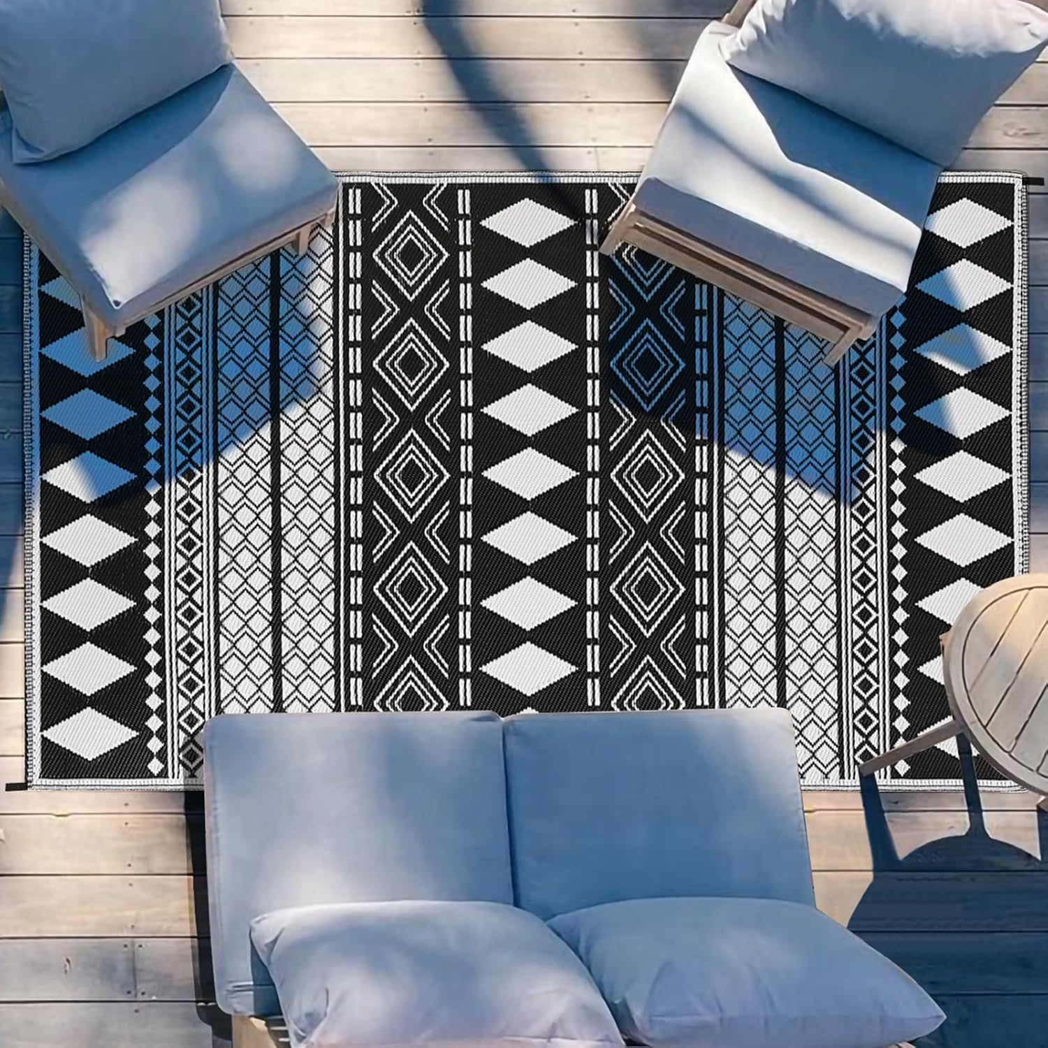 Outdoor Rug Patio Rugs Picnic Rug Waterproof Lightweight Plastic Straw Camping Outdoor Mat 152X244Cm for RV Courtyard Backyard Deck Balcony Garden Porch (Black&White) image number 3