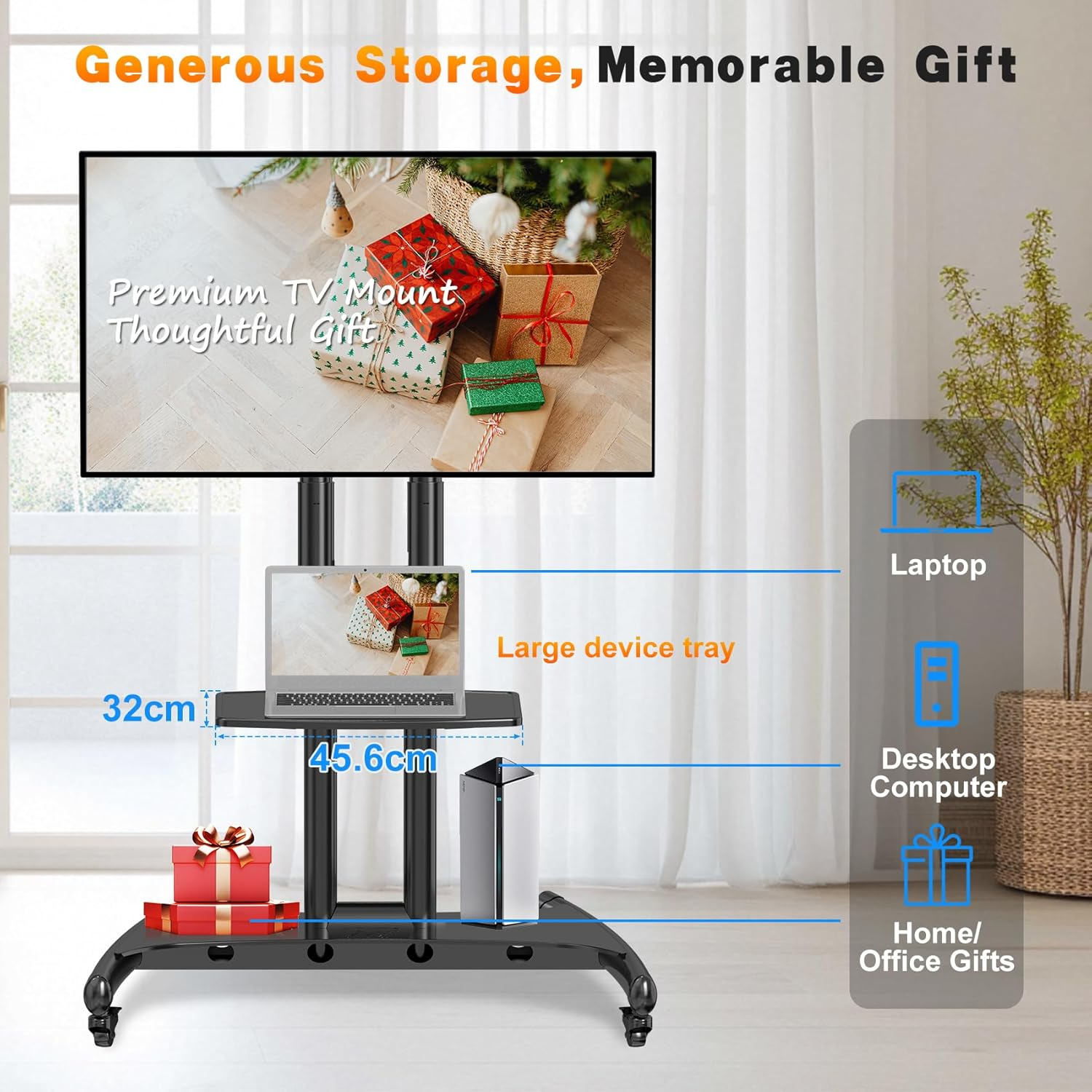 NB North Bayou TV Floor Stand with Wheels, Universal Rolling TV Cart with Storage Shelf - Height Adjustable TV Stand Trolley for 75 65 55 40 32 Inch Tvs for Home Office, Max Load 45.5KGS image number 4