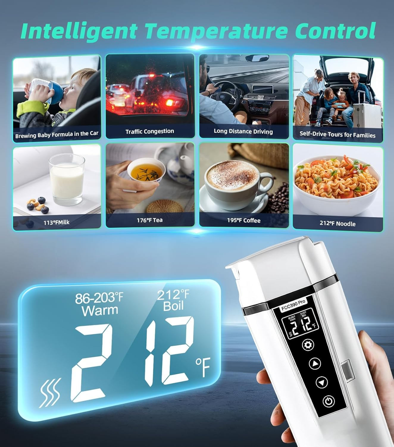 Kettles 12V/24V Mini Car Electric Kettle for Travel Camping Coffee Tea Milk Warmer Cup,Portable Water Boiler Heated Handy Travel Mug Stainless Steel Instant Hot Water Dispenser (White) image number 2