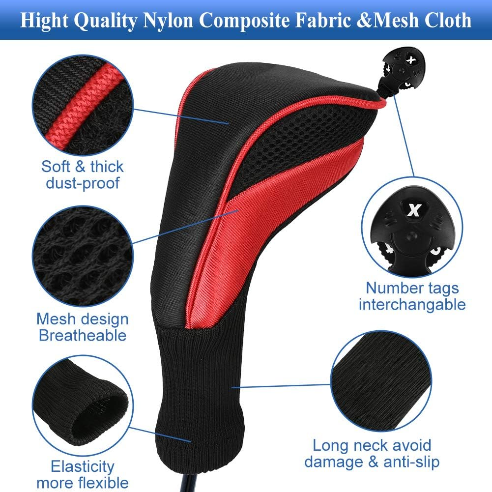 Number-One Golf Club Head Covers for Fairway Woods Driver Hybrids, 3Pcs Long Neck Mesh Golf Club Headcovers Set with Interchangeable No. Tags 3 4 5 6 7 X