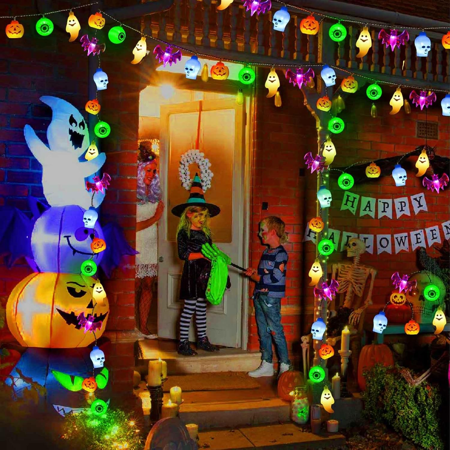 2024 Newset 5-IN-1 Solar Halloween String Lights for Outdoor Decor, Spooky Skull Bat Ghost Eyeball Pumpkin Lights for Halloween outside Window Door Golf Cart Camper Balcony Porch Railing Decorations image number 4