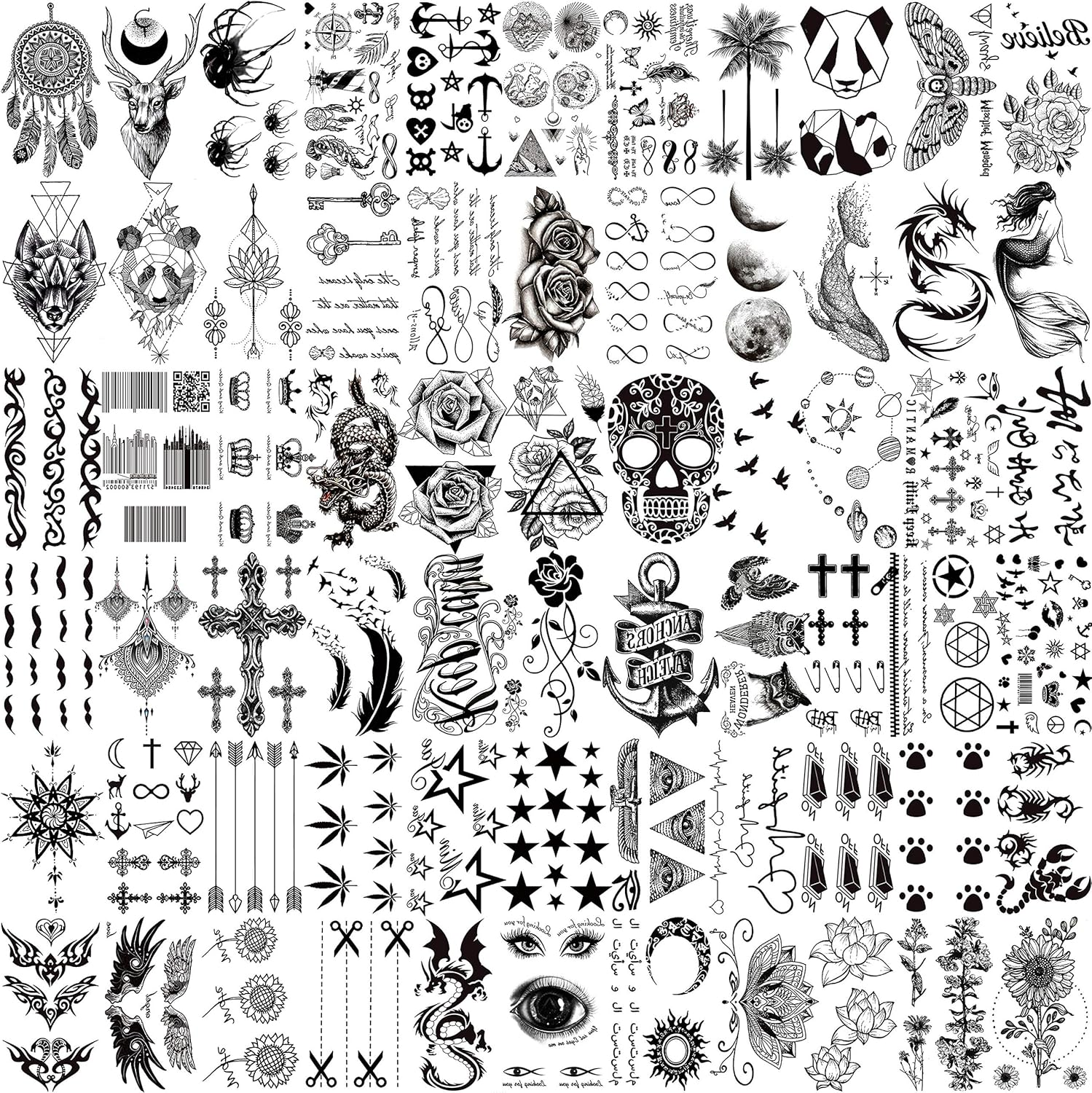 66 Sheets 3D Small Black Temporary Tattoos for Women Men Waterproof Fake Tattoo Stickers for Face Neck Arm Children Flower Birds Star Realistic Tatoo Kits for Boy Girls Adults image number 2