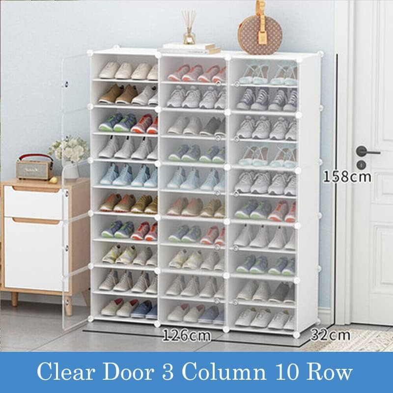 Clear Door DIY Shoe Rack Storage Multi-Cube Organizer Cabinet Stackable Closet (White 3 Column 10 Row) image number 2