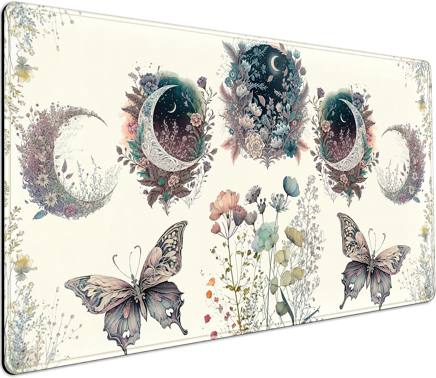 DCJJM Beige Flowers Desk Mat Mousepad Cute Boho Plants Large Extended Gaming Mouse Pad XXL, Aesthetics Floar Butterfly Moon Laptop Keyboard and for Office Gamer Decor, 31.5X15.75X0.12 in (DMXC08)