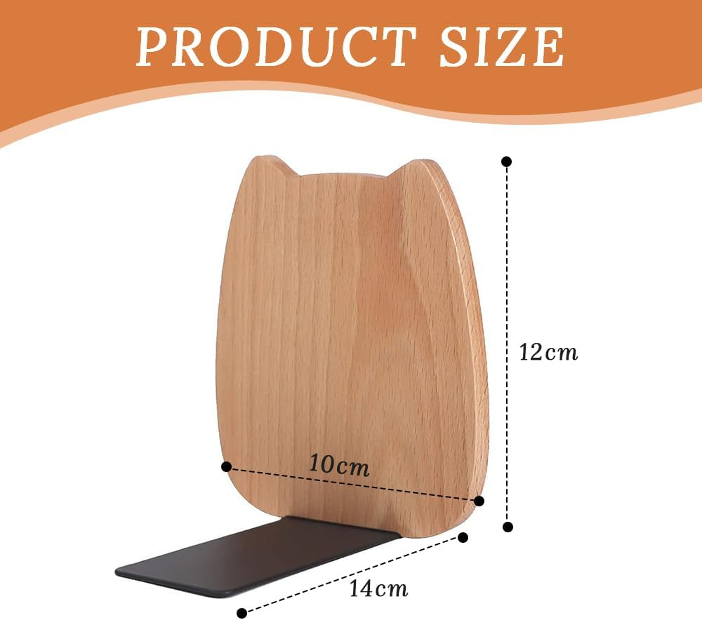 Wood Book Ends,Non-Skid Bookends for Heavy Books, Simple Wooden Desktop Bookshelf,Beechwood Cute Cat Bookends,Suitable for Home, School, Office and Library(1 Pair) image number 3