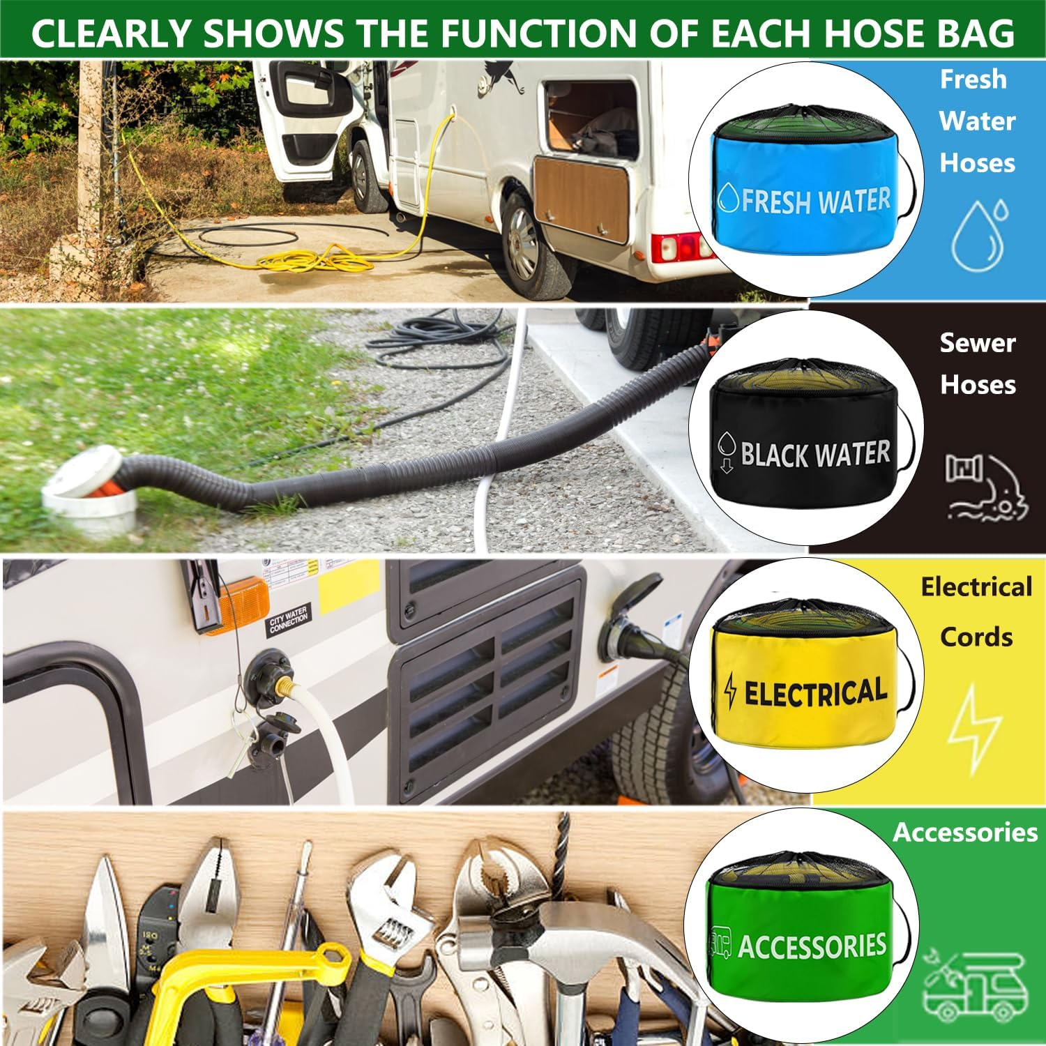 4 Pack Waterproof RV Hose Storage Bag with Identification Tags for RV Storage and Organization,4 Colors for Sewer Hoses, Fresh Water Hoses, Electrical Cords, Camper Tools Accessories image number 1
