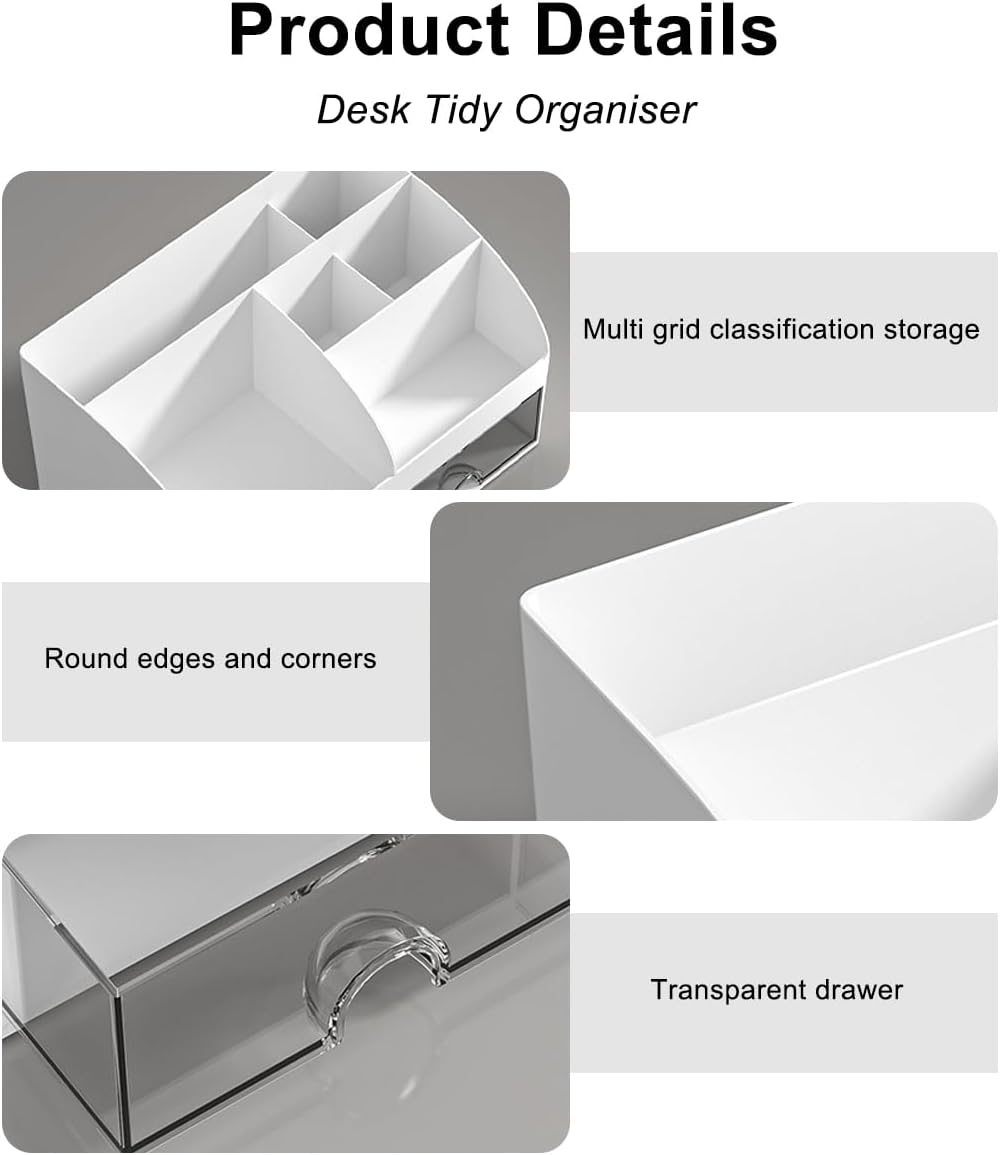 Desktop Storage Box with 7 Compartments, Office Desk Organizers Drawer Organizer Plastic Desktop Organiser for Stationery Supplies for Pencils Markers Erasers Pens