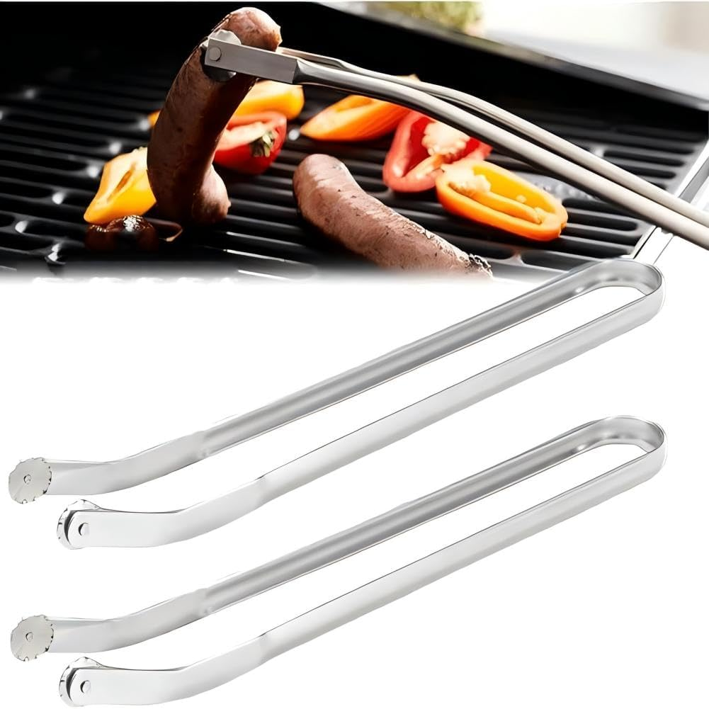 BBQ Sausage Turning Tongs for Cooking, Sausage Grill, Stainless Steel Metal Kitchen Tongs, Multipurpose Grill Tongs for Outdoor (2 Pack)