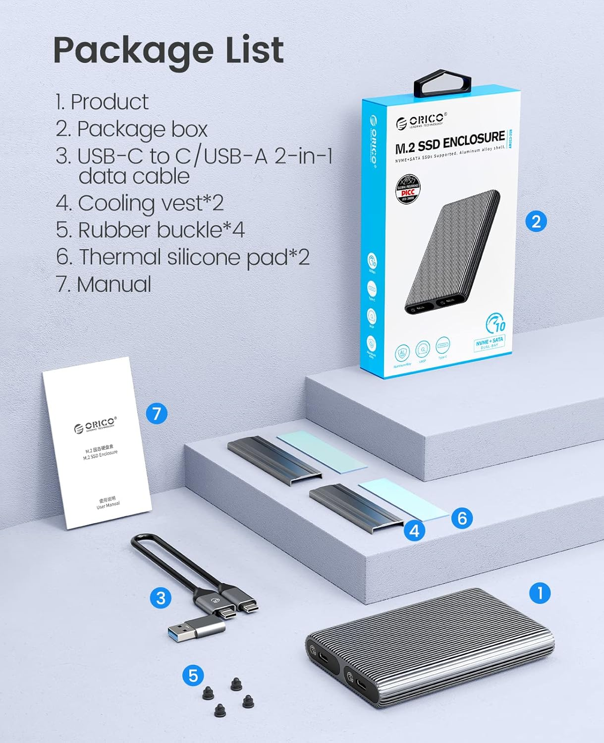ORICO Dual M.2 Nvme SSD Enclosure, USB C to M2 Adapter for M Key Pcie 2230/2242/2260/2280 M.2 Ssds,Tool-Free Installation Aluminum M.2 Reader Support Trim and UASP up to 2X4Tb-Am2-2N image number 5