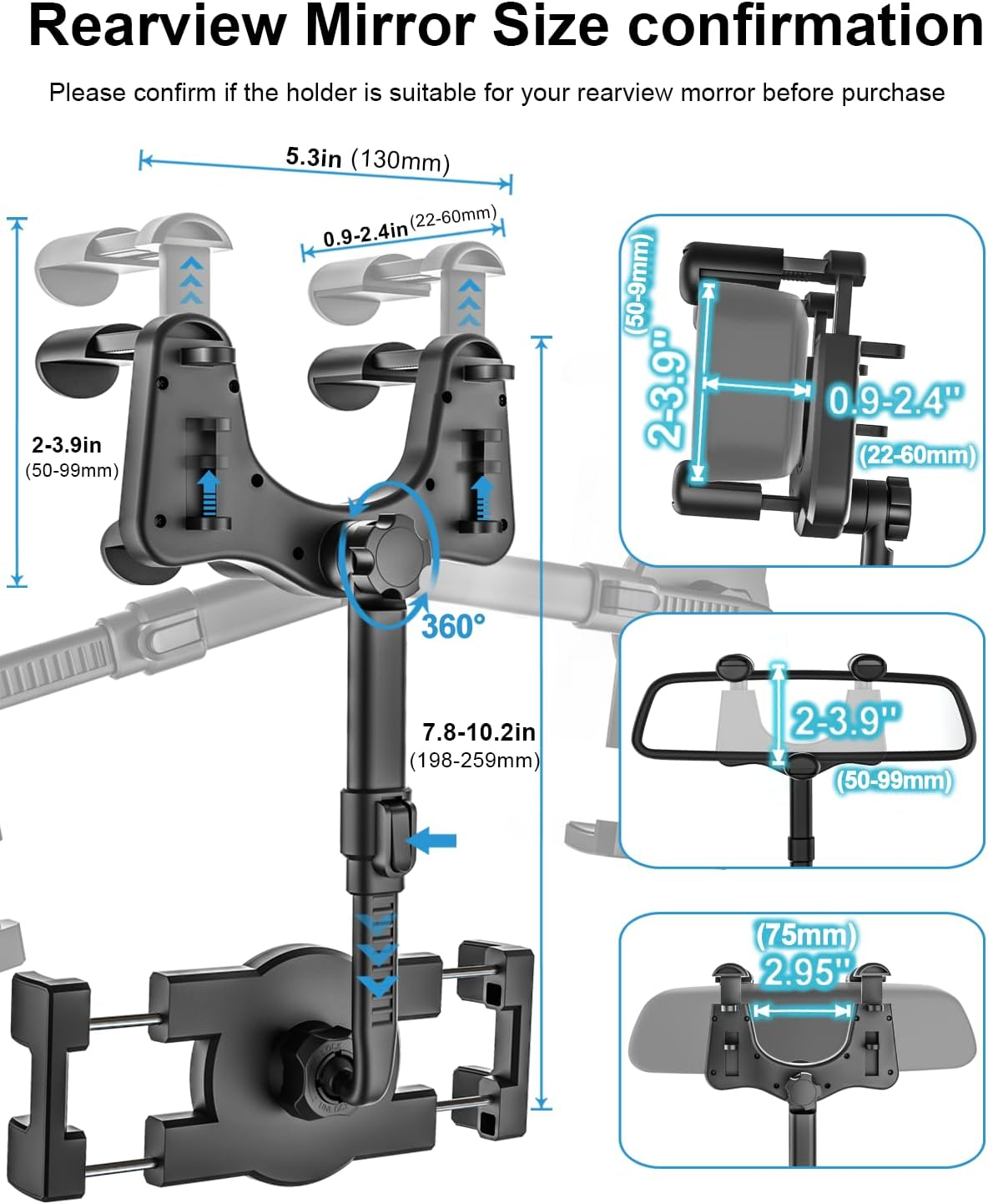 Car Rearview Mirror Phone Holder Mount [360&deg;Rotatable & Retractable] Rear View Mirror Cell Phone Holder for Car, Universal Multifunctional Car Clip for Iphone 14 Pro Max 13 12 11, All Mobile Phones image number 4