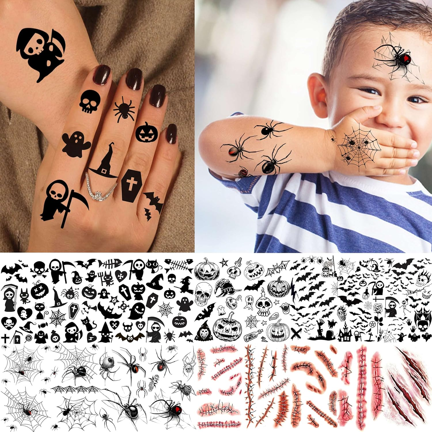 236+ PCS 45 Sheets Halloween Temporary Tattoos for Kids Zombie Makeup Kits 3D Bats Spider Web Witch Small Black Ghost Pumpkin Face Stitches Fake Scar Tattoo Stickers for Women Adult Men Skull image number 4