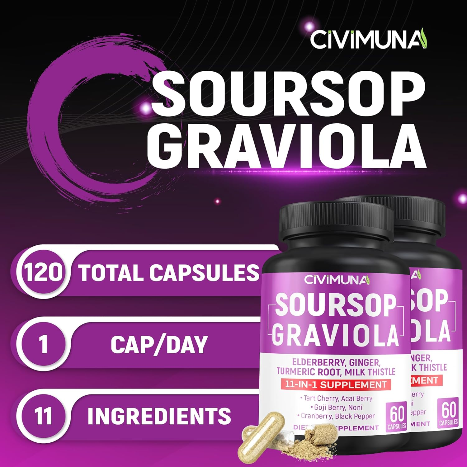 (2 Packs) Soursop Graviola Capsules 9450 Mg - Soursop Graviola, Elderberry, Turmeric Curcumin - 4 Months Supply image number 6