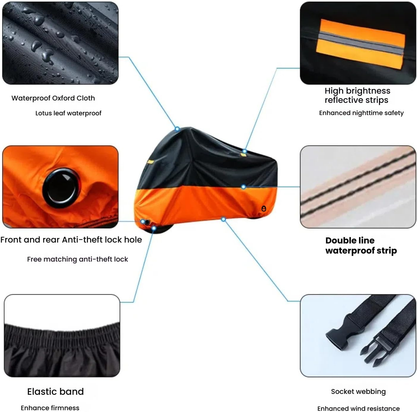 New Motorcycle Cover All Season,Quality Waterproof Sun Outdoor Protection Scooter Shelter Tear Proof Night Reflective & Front and Rear Lock-Holes,Storage Bag Fit up to 105" Motorcycles Yamaha,Honda