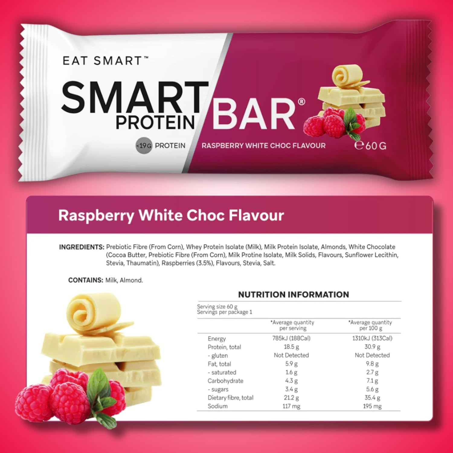 Smart Bars Protein Bar - Raspberry White Choc, 12 X 60 G | 18.5 G High Protein Snack, Keto Friendly, Nutritional, Low-Carb, Low Sugar image number 1