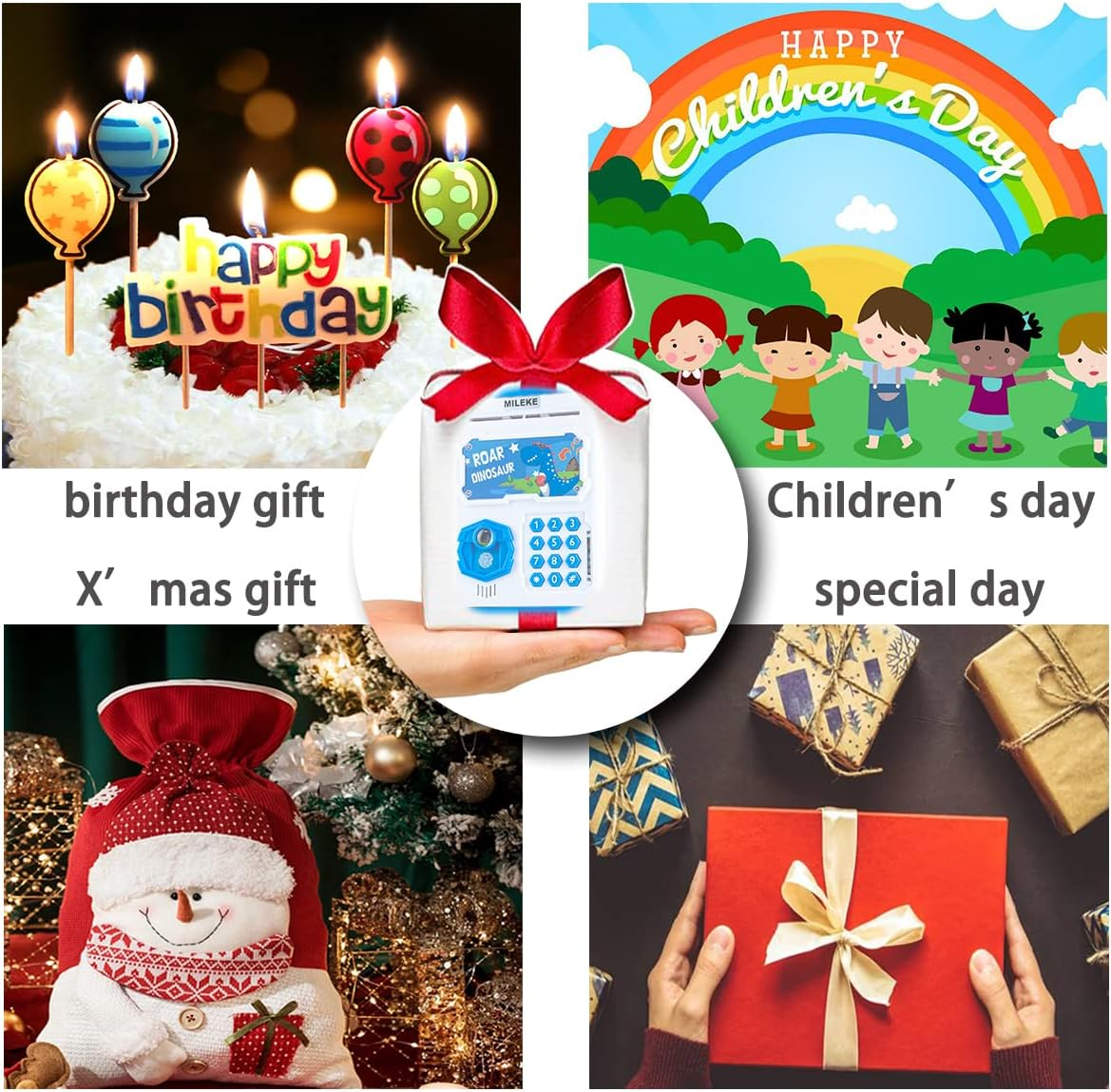 MILEKE Electronic Piggy Bank for Kids Toys, Password + Fingerprint/Face Recognition, ATM Money Bank, Auto Roll-In Cash Safe & Coin Saving Bank, Blue Dinosaur image number 3