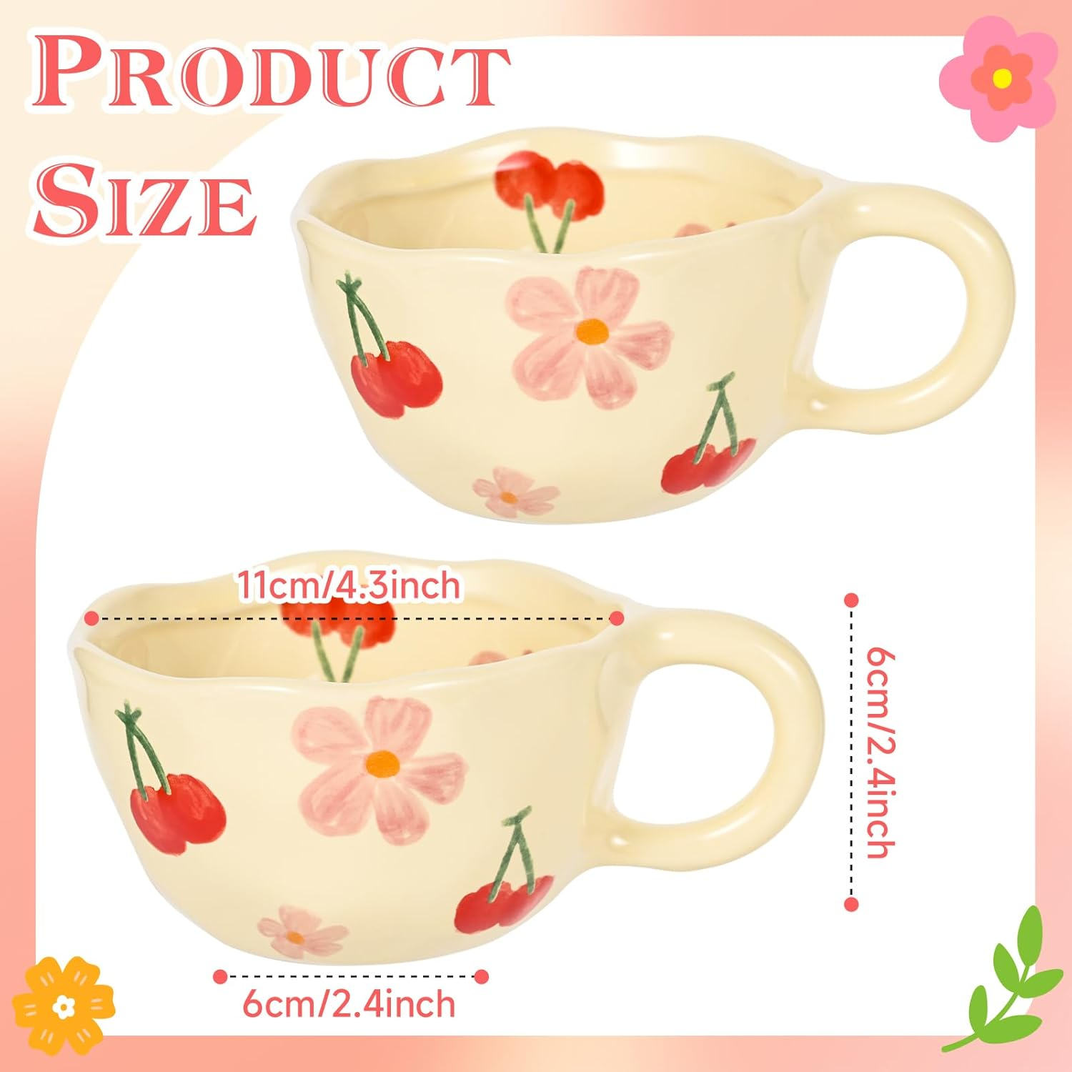Ceramic Coffee Mug Vintage Flower Mugs 8 Oz Cute Floral Coffee Mugs Irregular Latte Art Cup Lead-Free Porcelain Cups for Cappuccino, Cocoa (2 Pcs Pink Cherry) image number 5