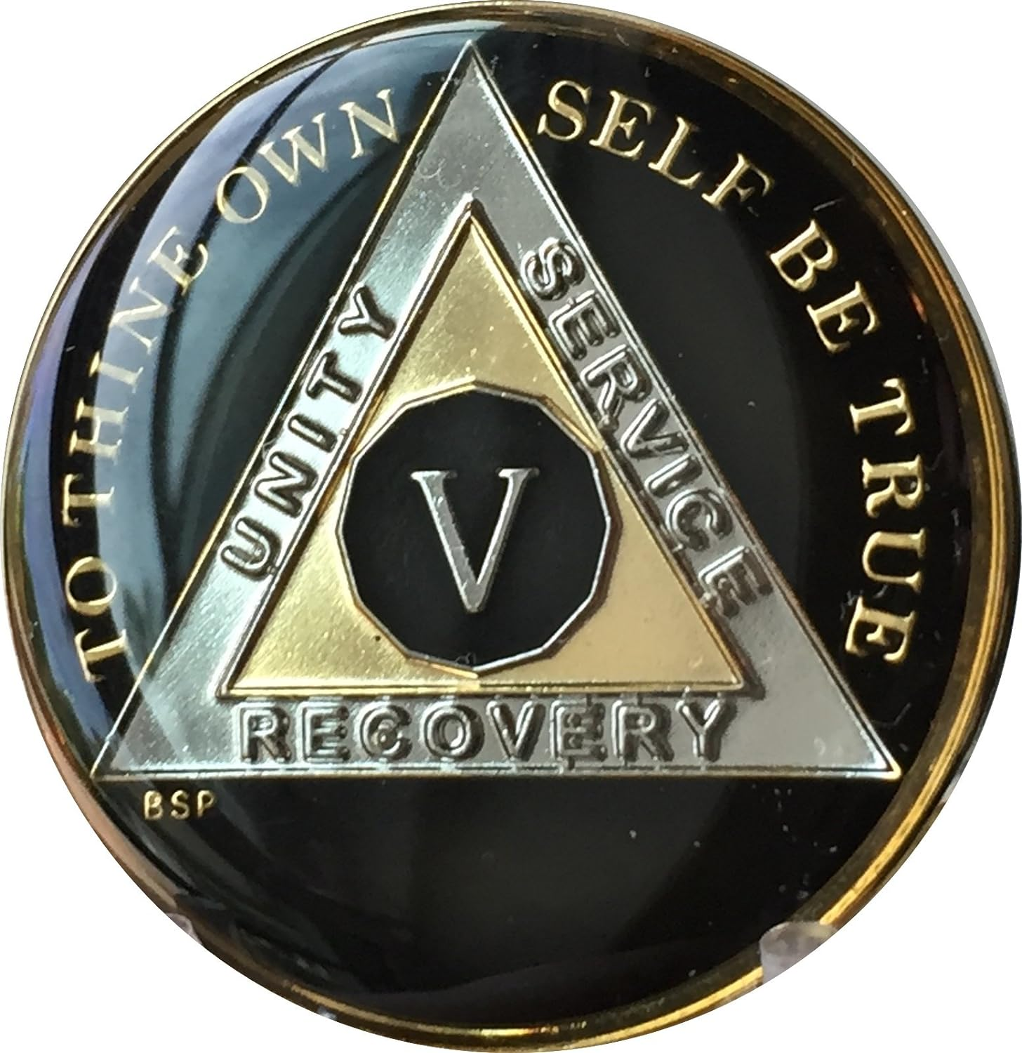 5 Year Classic Black AA Alcoholics Anonymous Medallion Sobriety Chip Tri Plate Gold & Nickel Plated Serenity Prayer image number 3