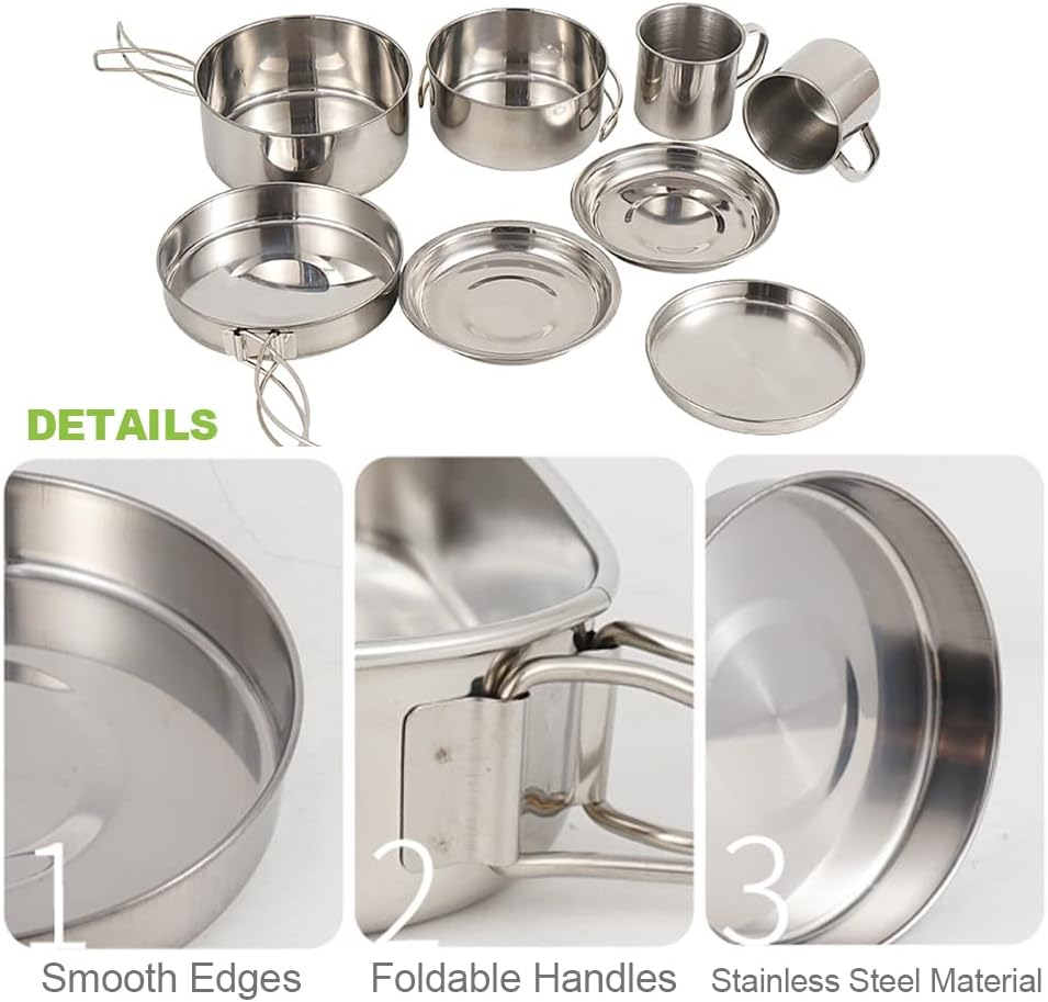 Camping Cookware Mess Kit 8PCS Stainless Steel Cooking Pot and Pan Set with Plates Cups for Outdoor Camping Hiking Backpacking image number 6