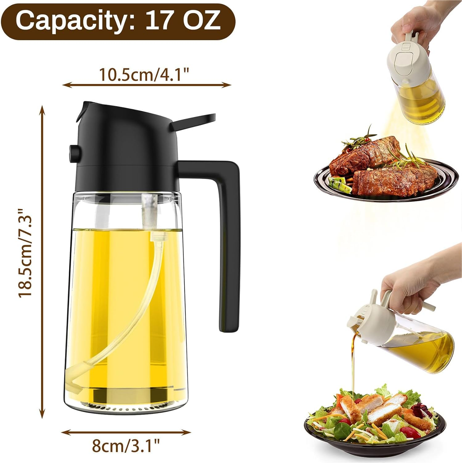 AXIM Olive Oil Dispenser Bottle,2 in 1 Oil Sprayer for Cooking,17Oz/500Ml Glass Oil Spray Bottle with Pourer for Kitchen, Salad, Barbecue (2 Pc,Black+White) image number 5