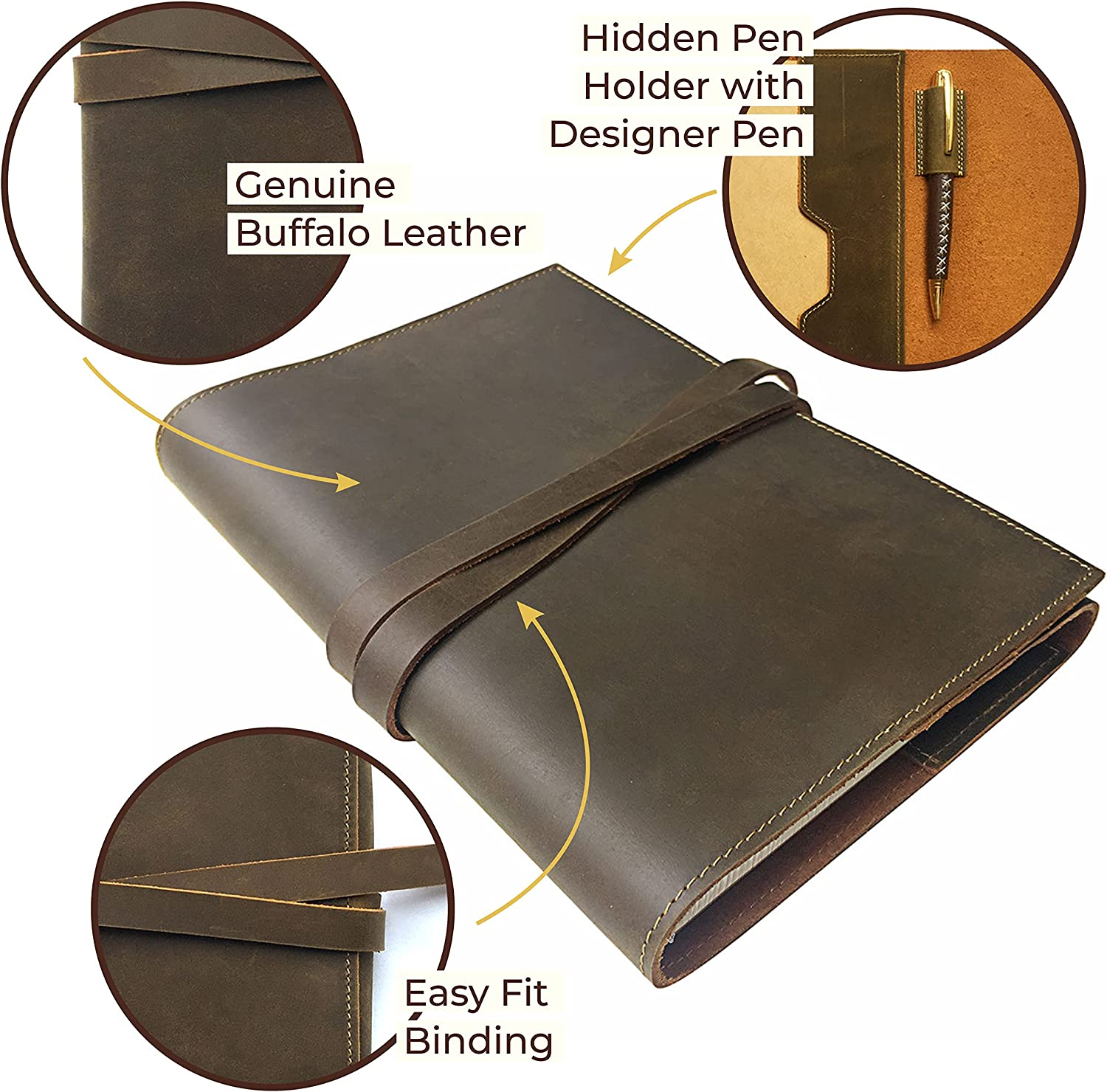 Refillable Leather Journal Gift Set | Vintage Handmade Leather Bound Notebook for Men & Women | 8.8" X 6.5" A5 Writing Leather Notebook Cover - Sketchbook, Diary to Write in | Plain Paper Pack + Pen image number 1