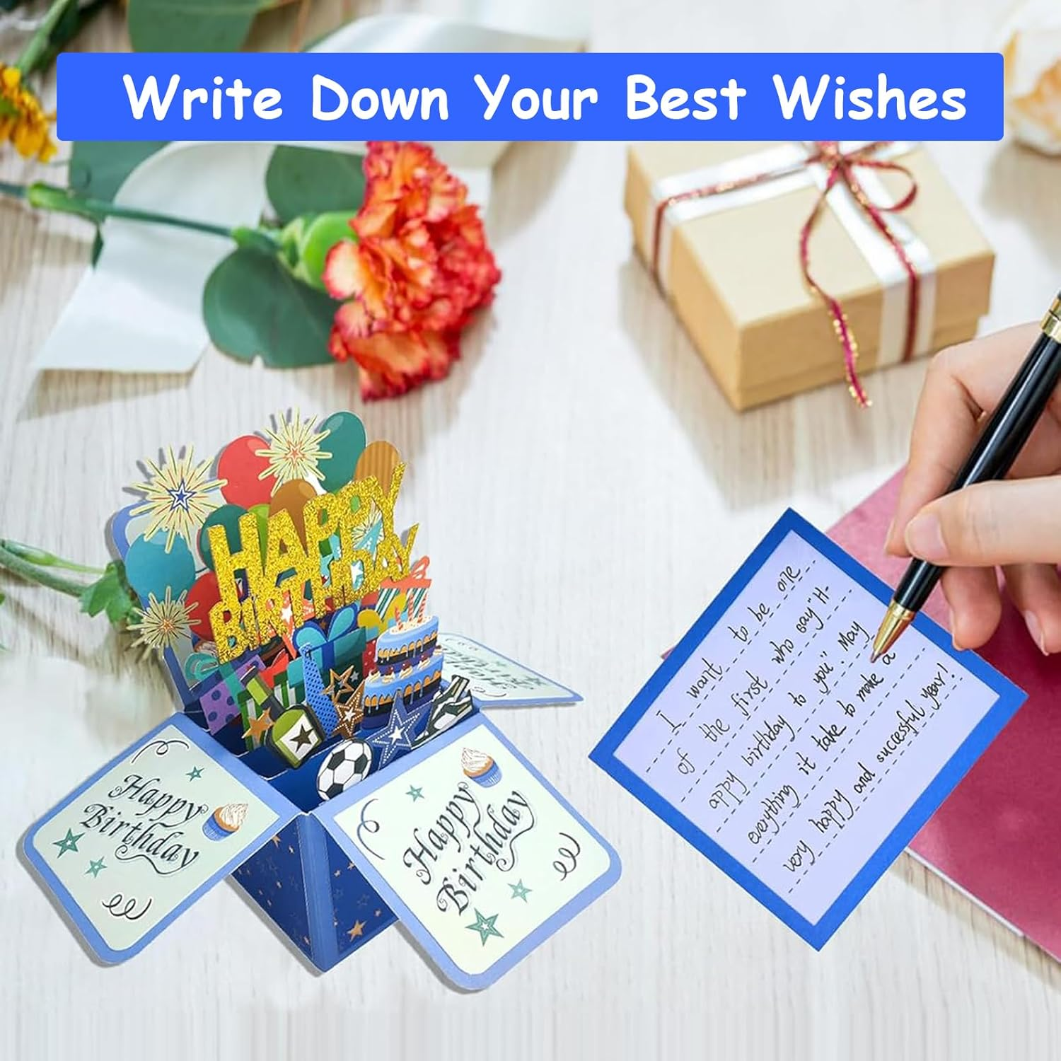 Pop up Happy Birthday Card,3D Candle Cake Happy Birthday Pop up Greeting Boxed Cards,Special for Friends Kids Families Boys and Girls (Blue) image number 2