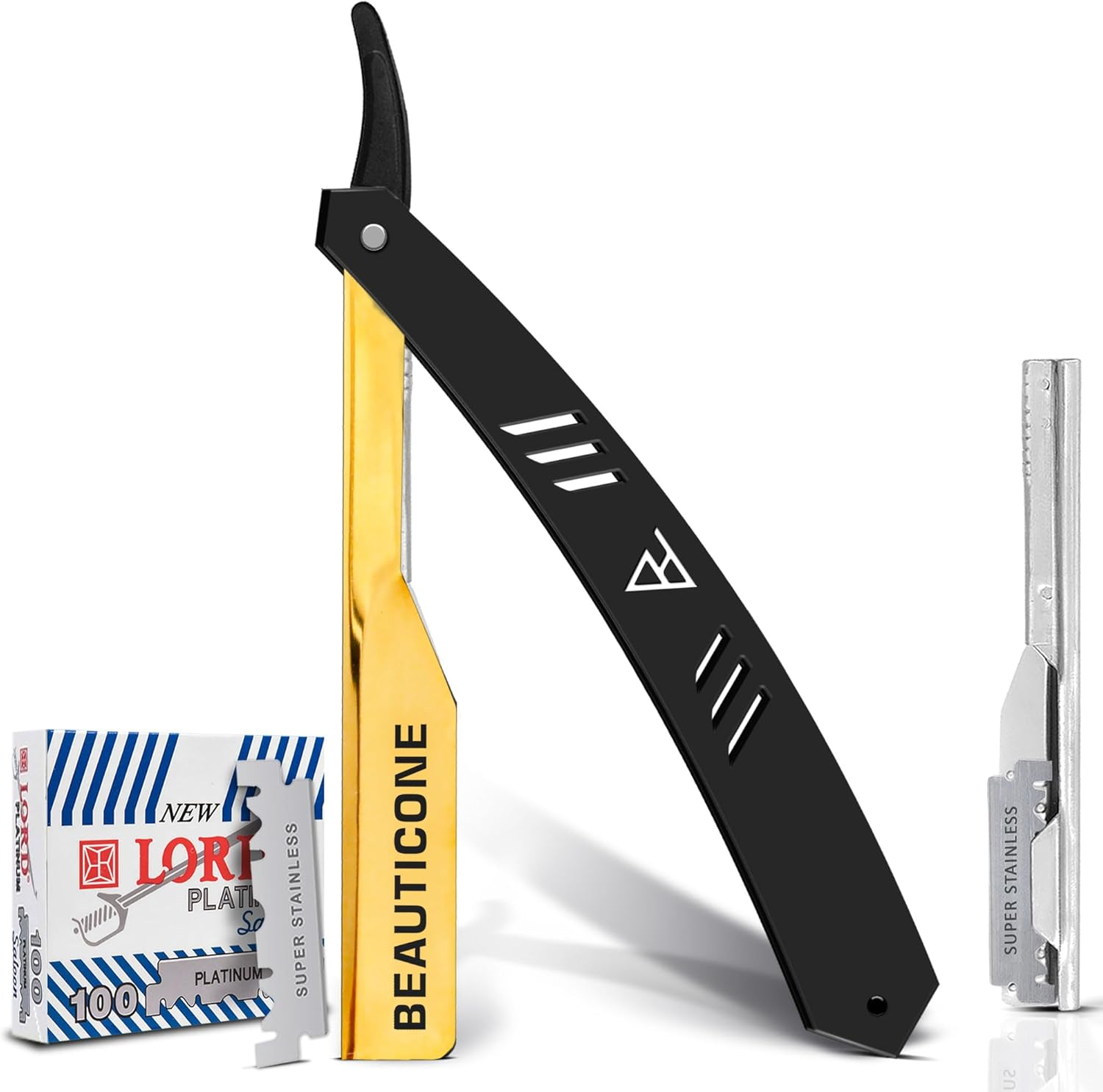 BEAUTICONE Professional Straight Razor for Men with 100 Single Edge Blades | Slide-Out Design (Barber Pole)